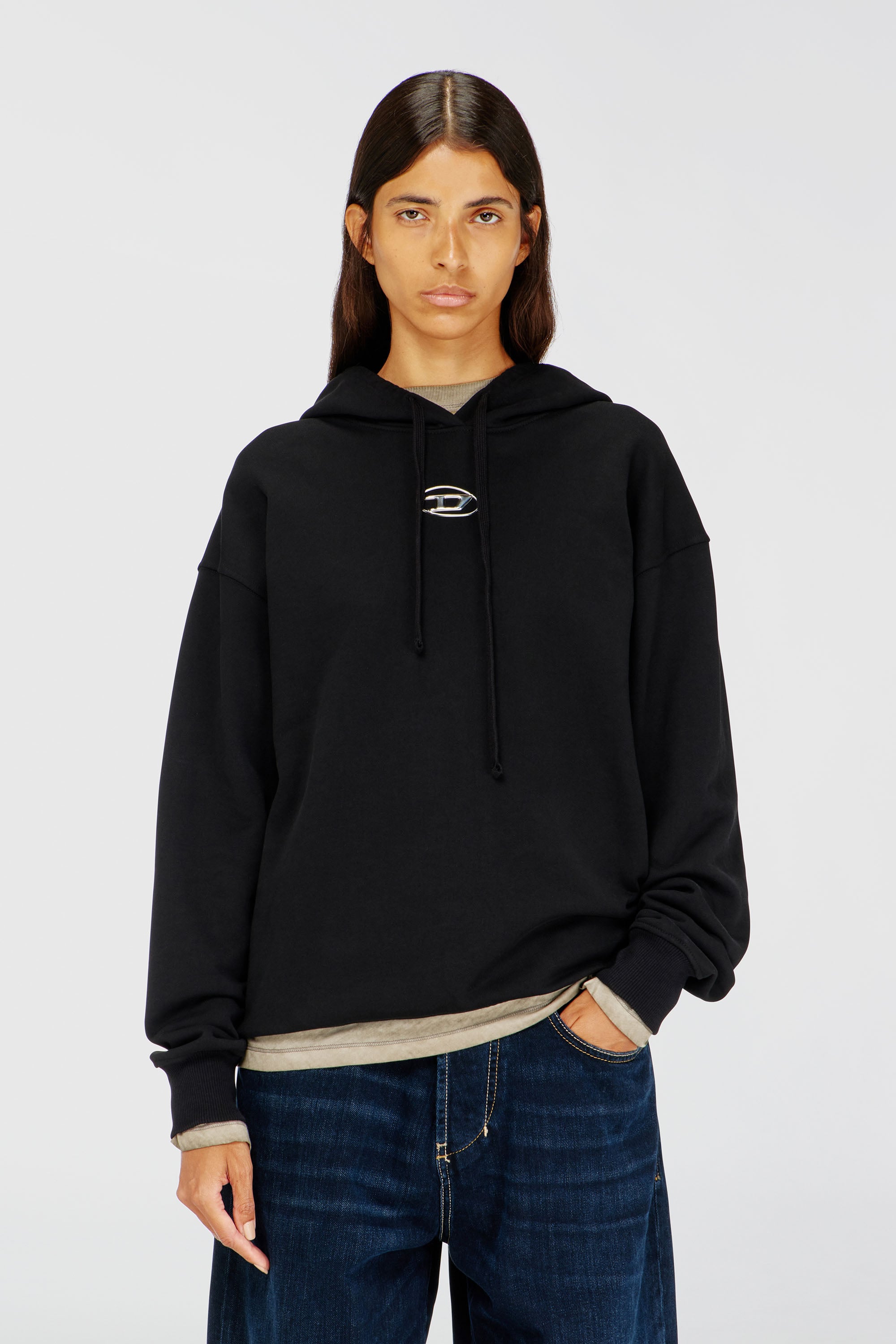 Diesel - F-BUXT-HOOD-OD, Damen Kapuzenpullover mit Oval D-Logo mit Metall-Effekt in Schwarz - 1