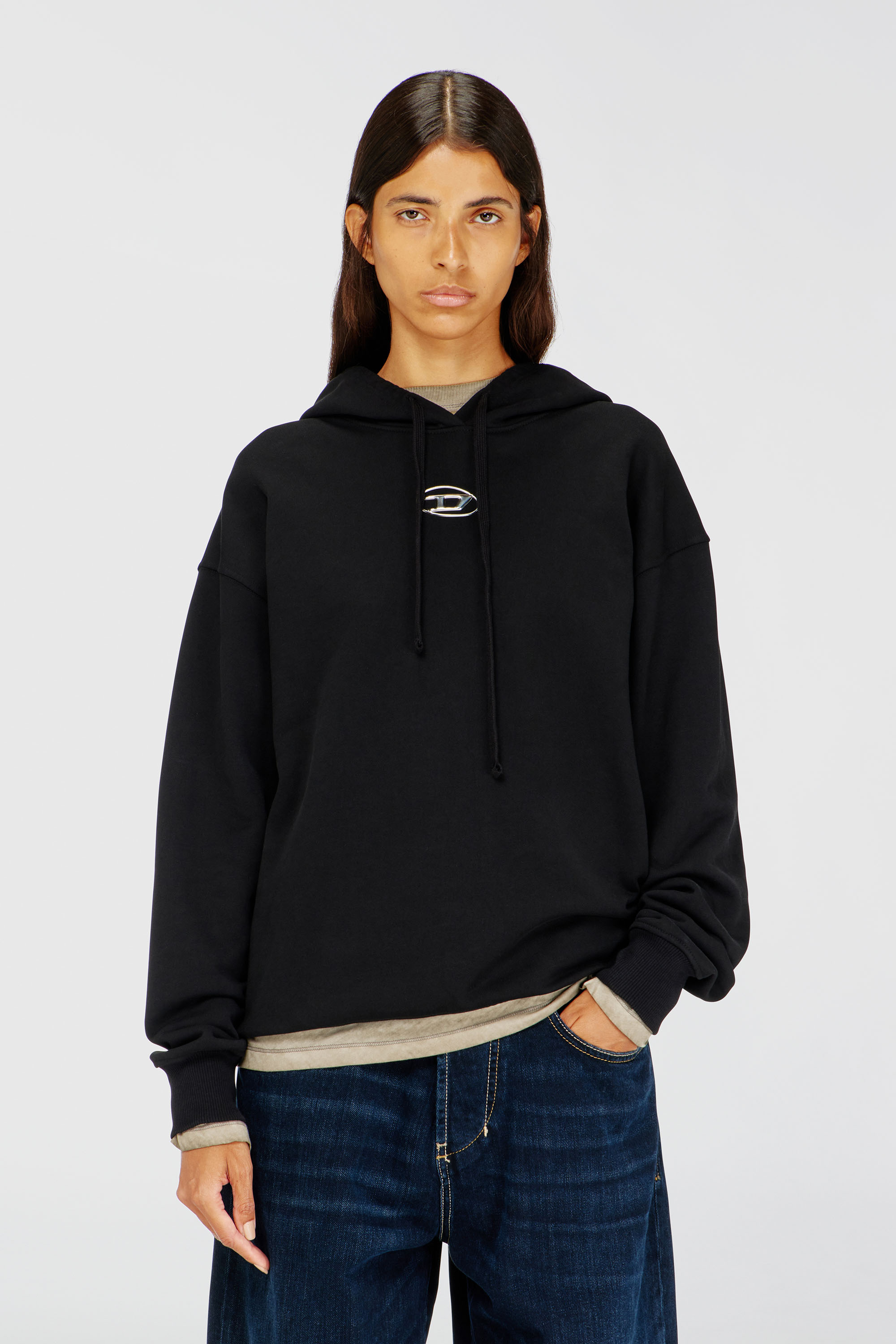 Diesel - F-BUXT-HOOD-OD, Damen Kapuzenpullover mit Oval D-Logo mit Metall-Effekt in Schwarz - 3