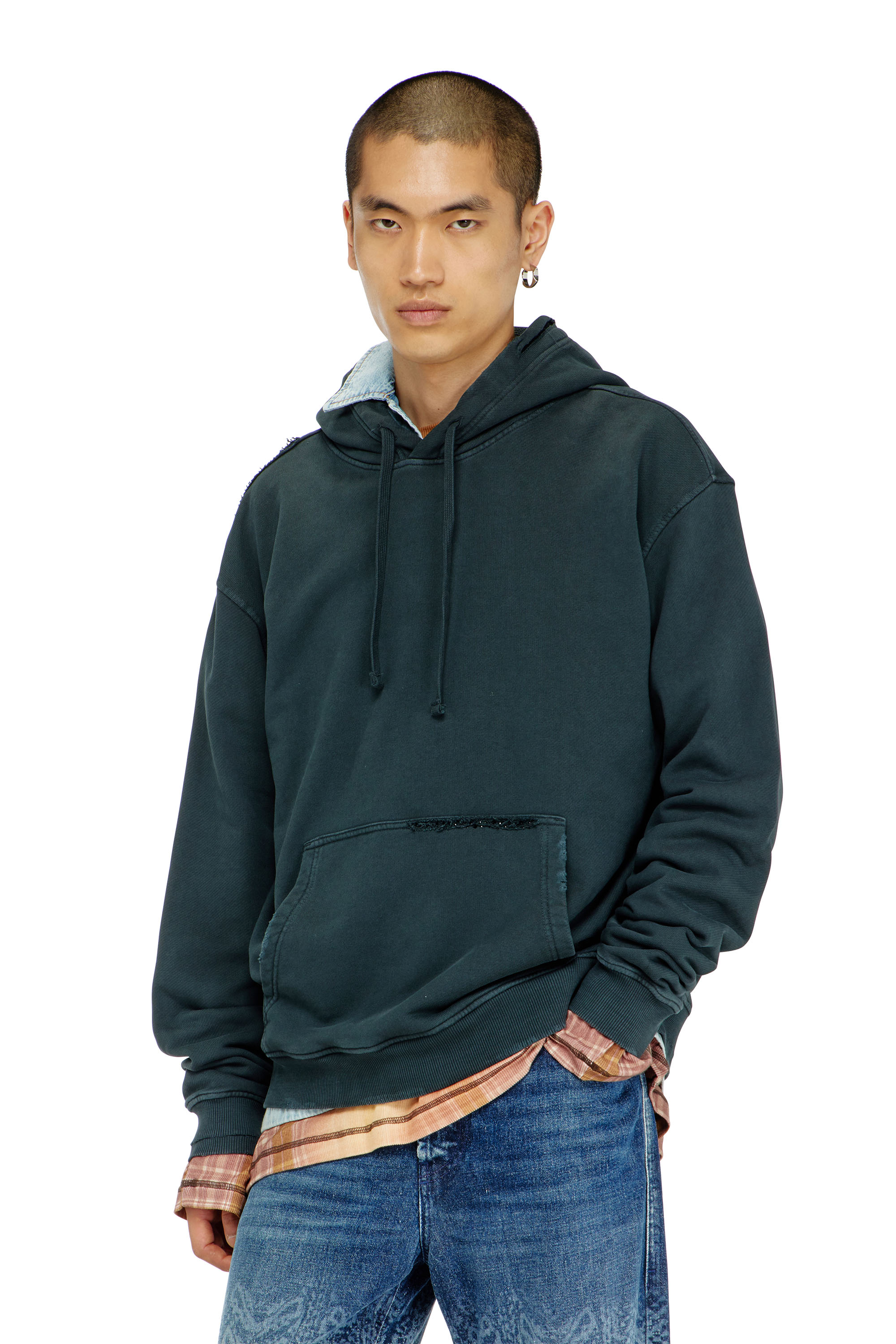 Diesel - S-NORM-HOOD-CRYSTALS, Herren Hoodie mit Rissen und Kristalldetails in Dunkelgr&uuml;n - 2