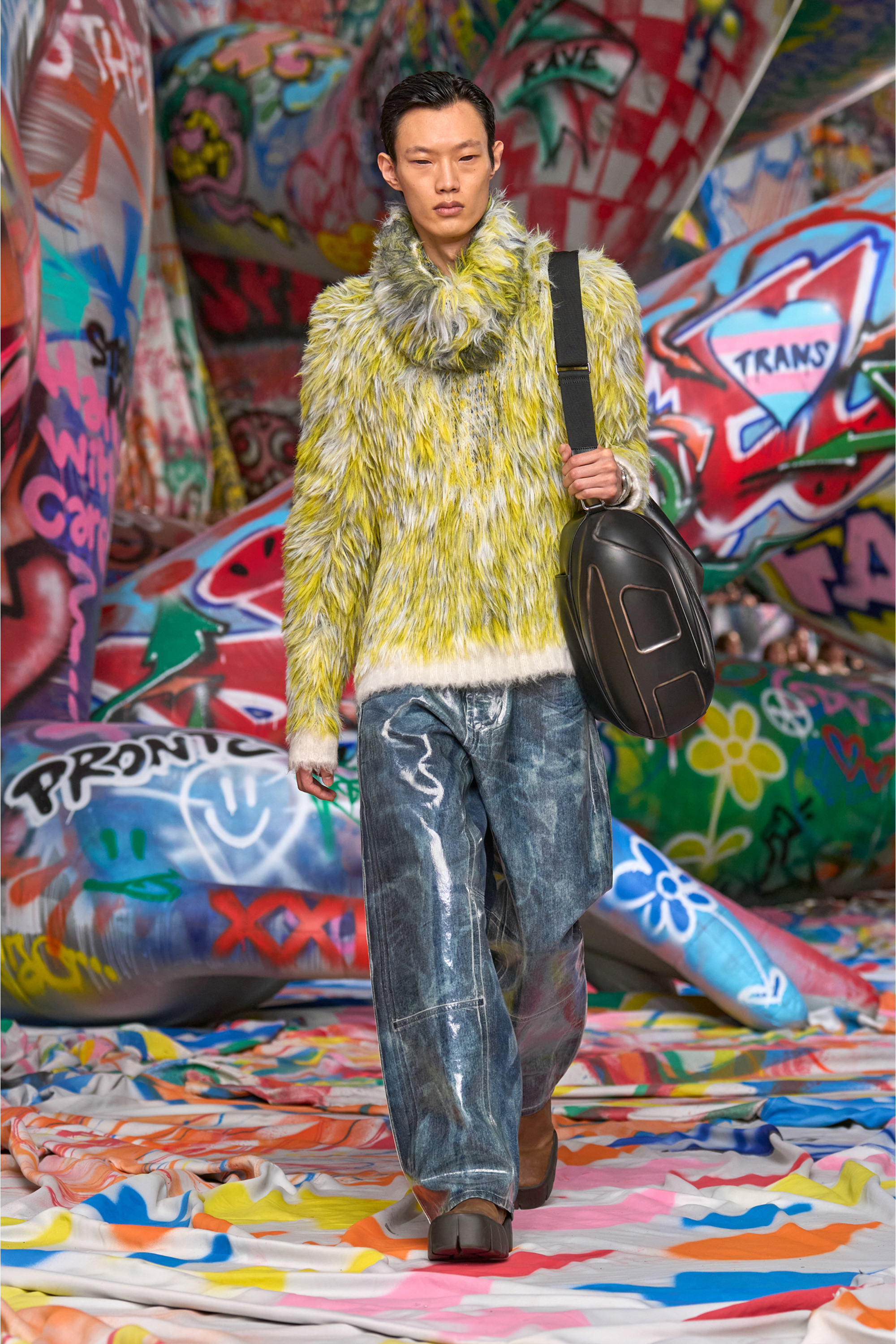 Diesel - K-ALLEN, Herren Pullover aus flauschigem Jacquard-Strick in Weiss/Gelb - 3