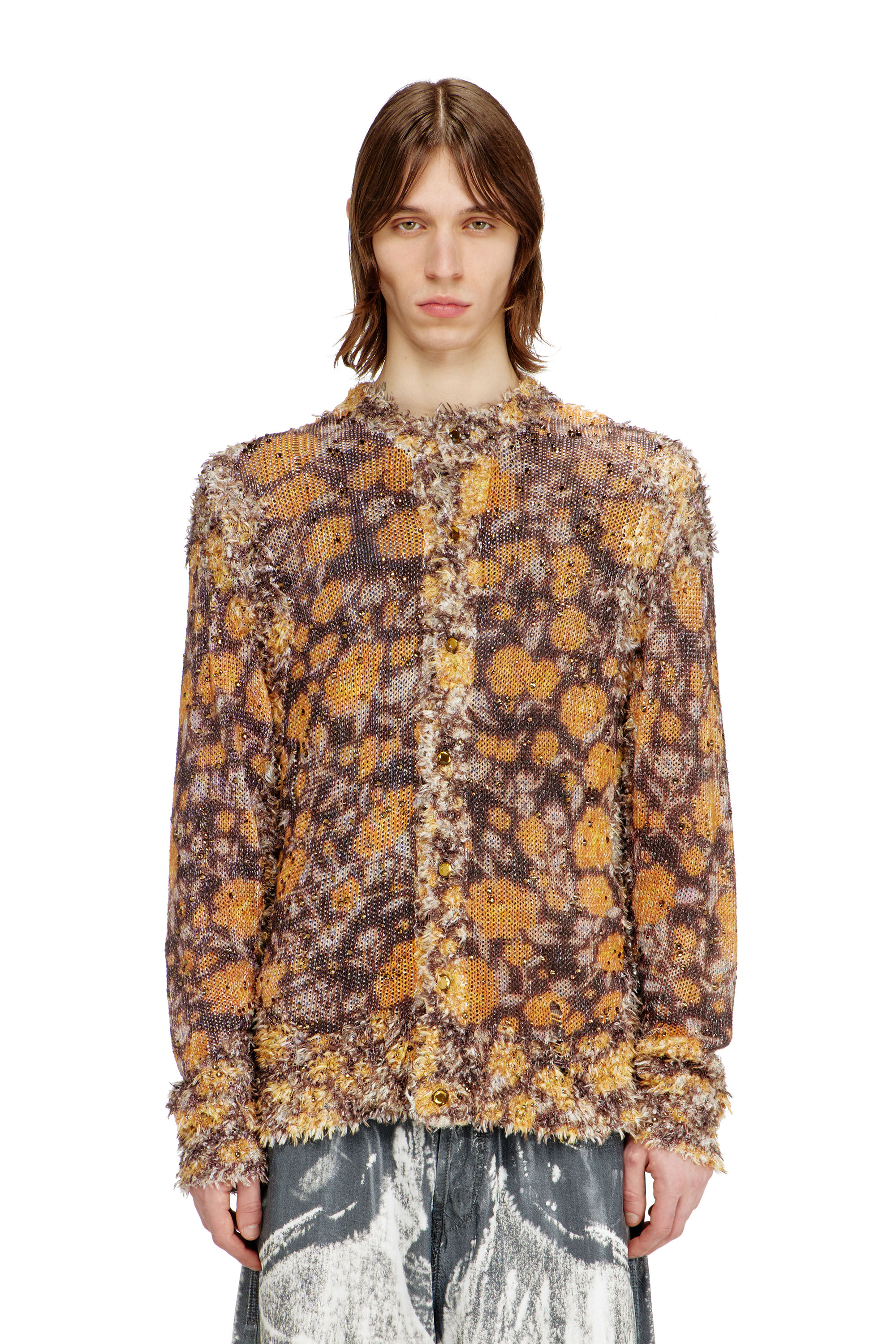 Diesel - K-LINNUS, Herren Bedruckte Strickjacke aus Leinenmischung mit Kristallen in Braun/Orange - 3