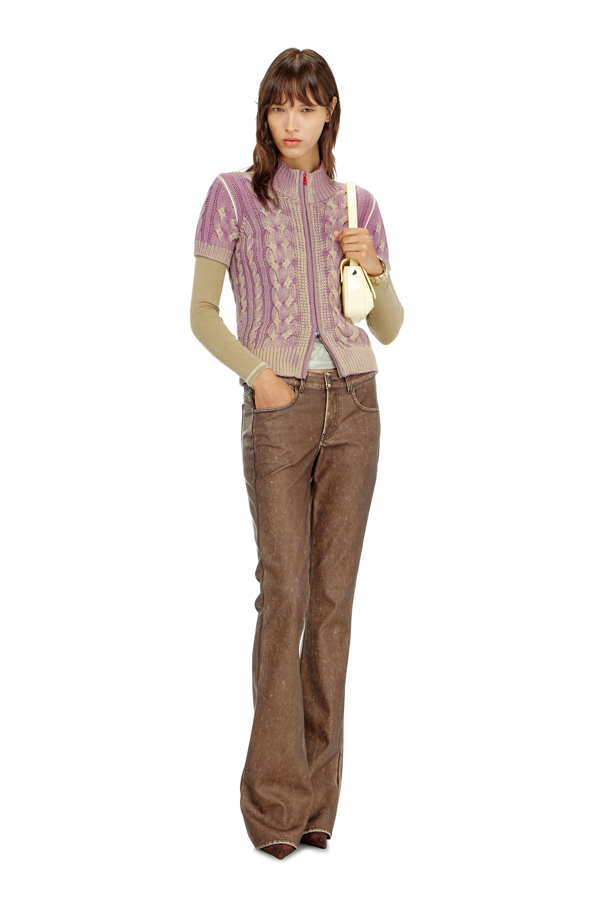 Diesel - M-ELANA, Damen Kurzarm-zip-cardigan im Zopfmuster in Beige/Violett - 2