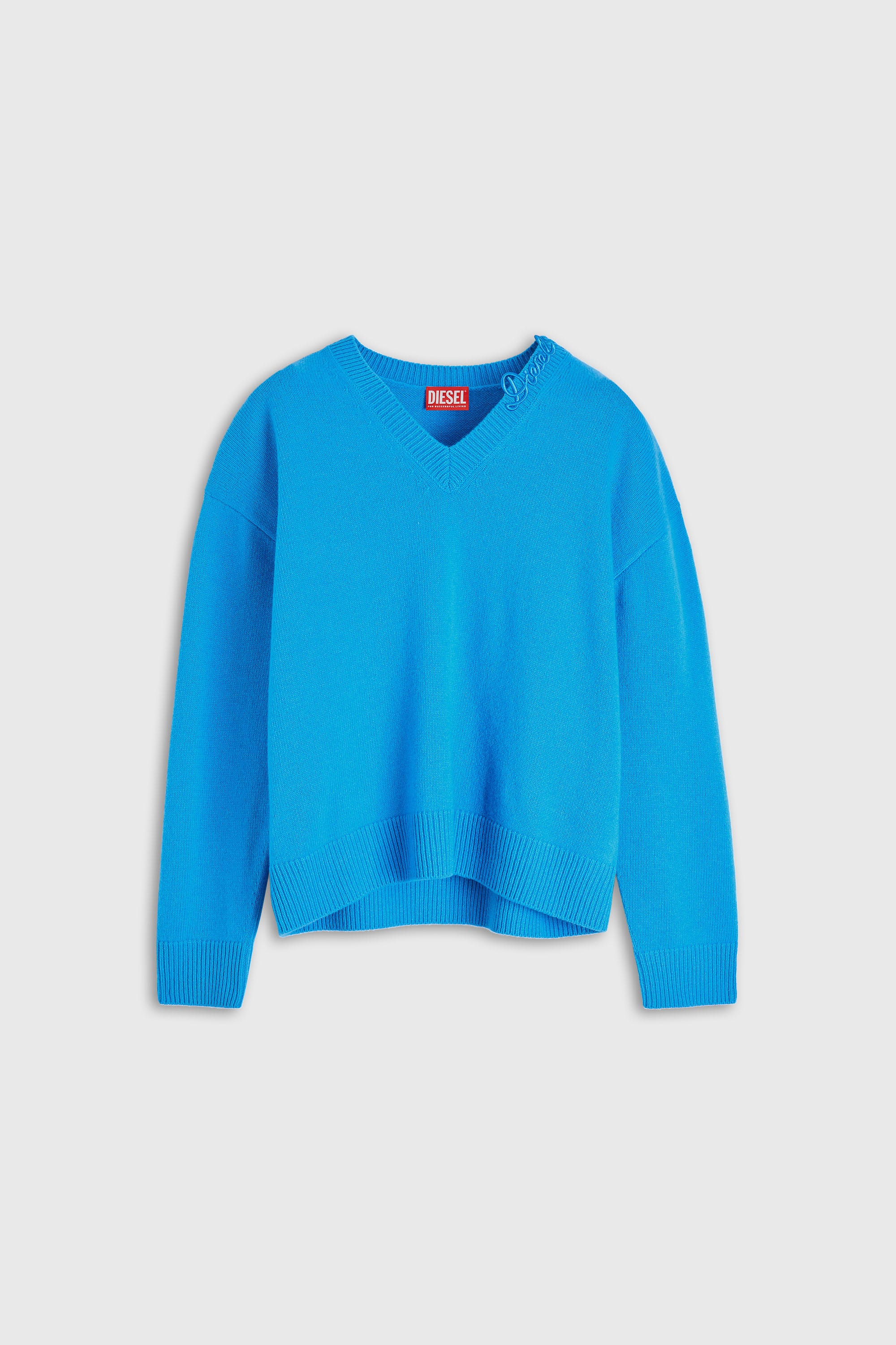 Diesel - M-IMOSA, Damen Wollpullover mit V-Ausschnitt und Logo am Kragen in Azurblau - 2