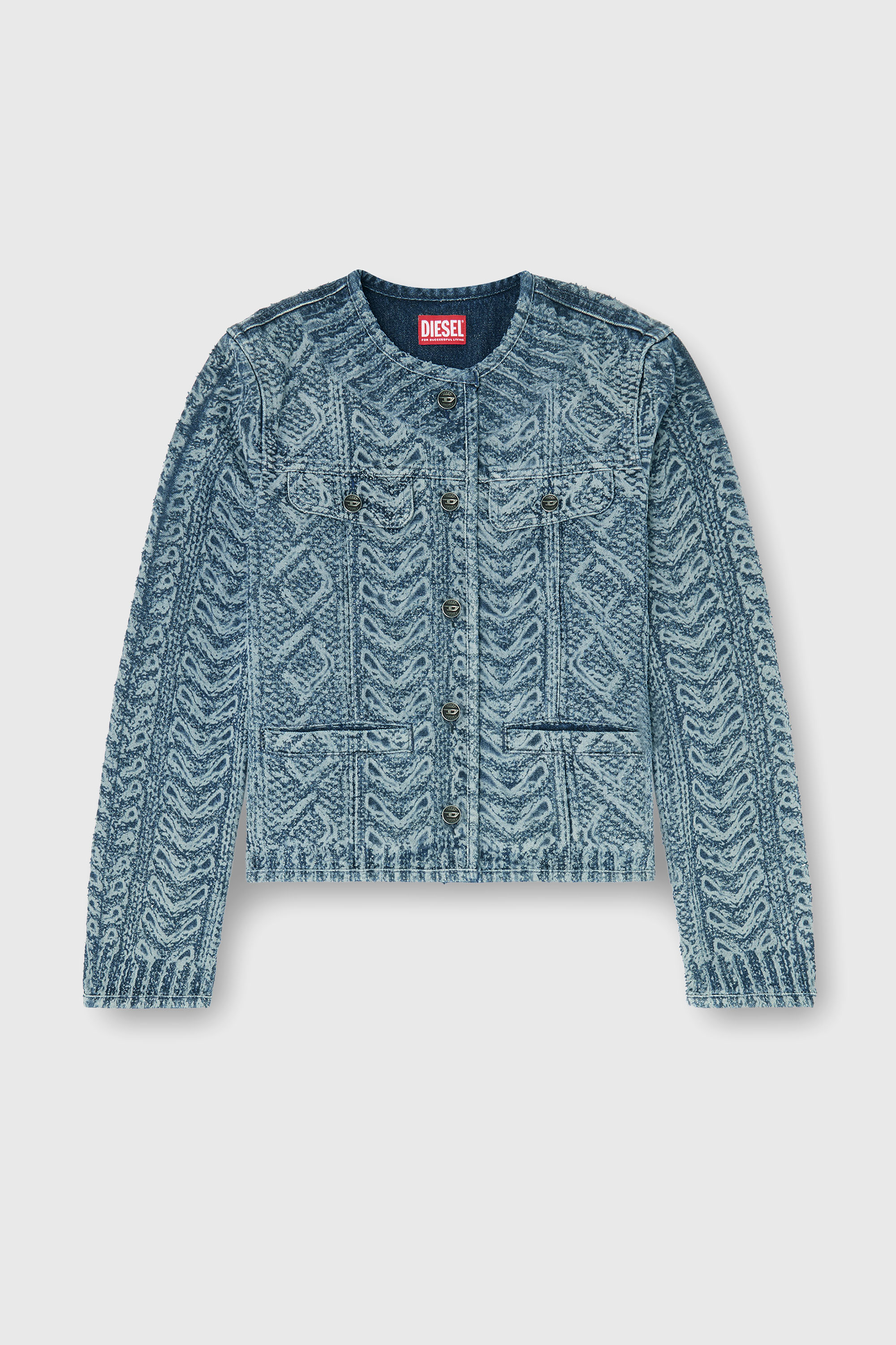 Diesel - DE-GRAFY-S2, Damen Kragenlose Jacke aus Denim mit Zopfmuster-Effekt in Mittelblau - 2