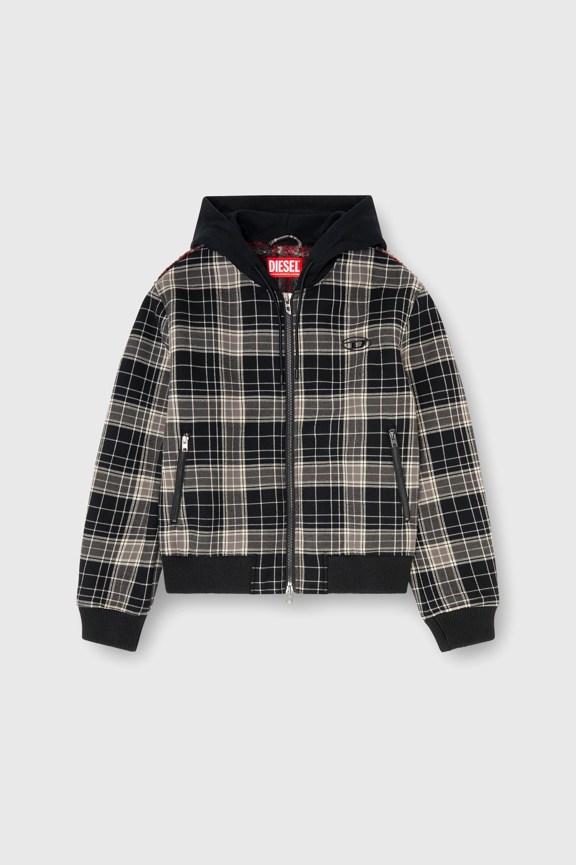 Diesel - W-KUNST, Herren Karo - Karo-bomberjacke mit flanellmuster und teddyfutter in Grau/Schwarz - 2
