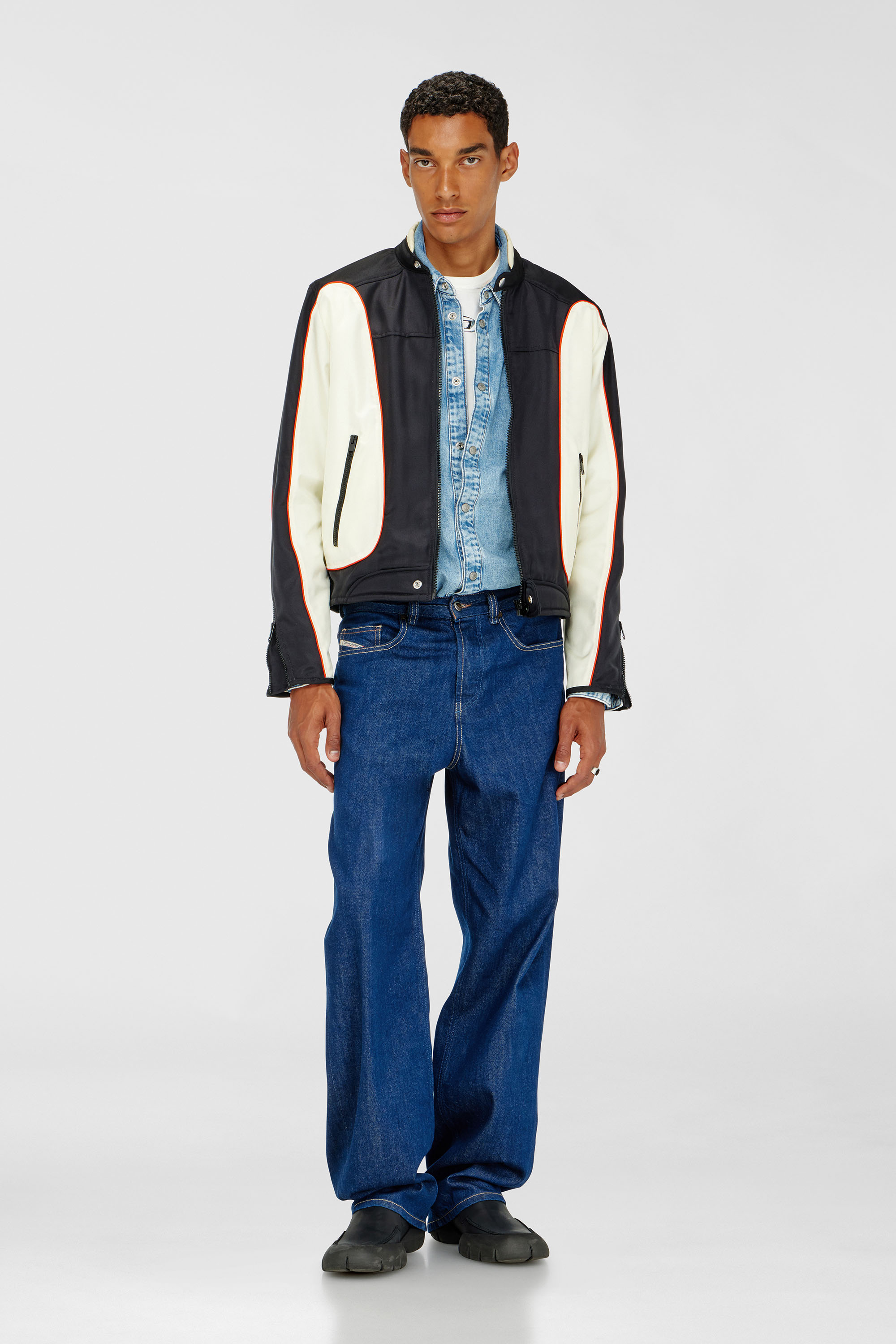 Diesel - J-BLINK-A, Man's Colour-block biker jacket with piping in White/Black - 2