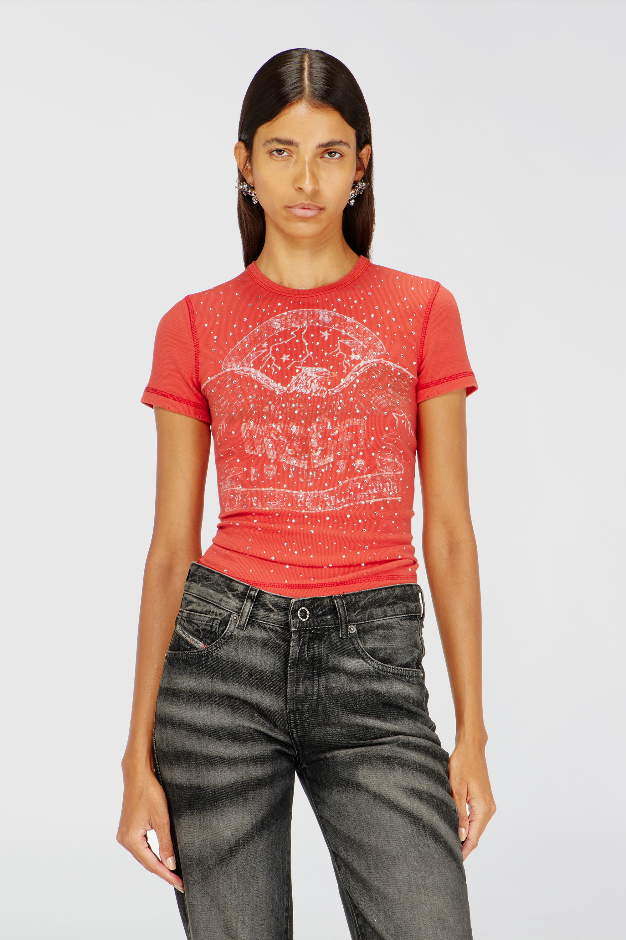 Diesel - T-MARSY-RIB-CRY, Damen T-Shirt mit Konzertgrafik und Kristallen in Rot - 1