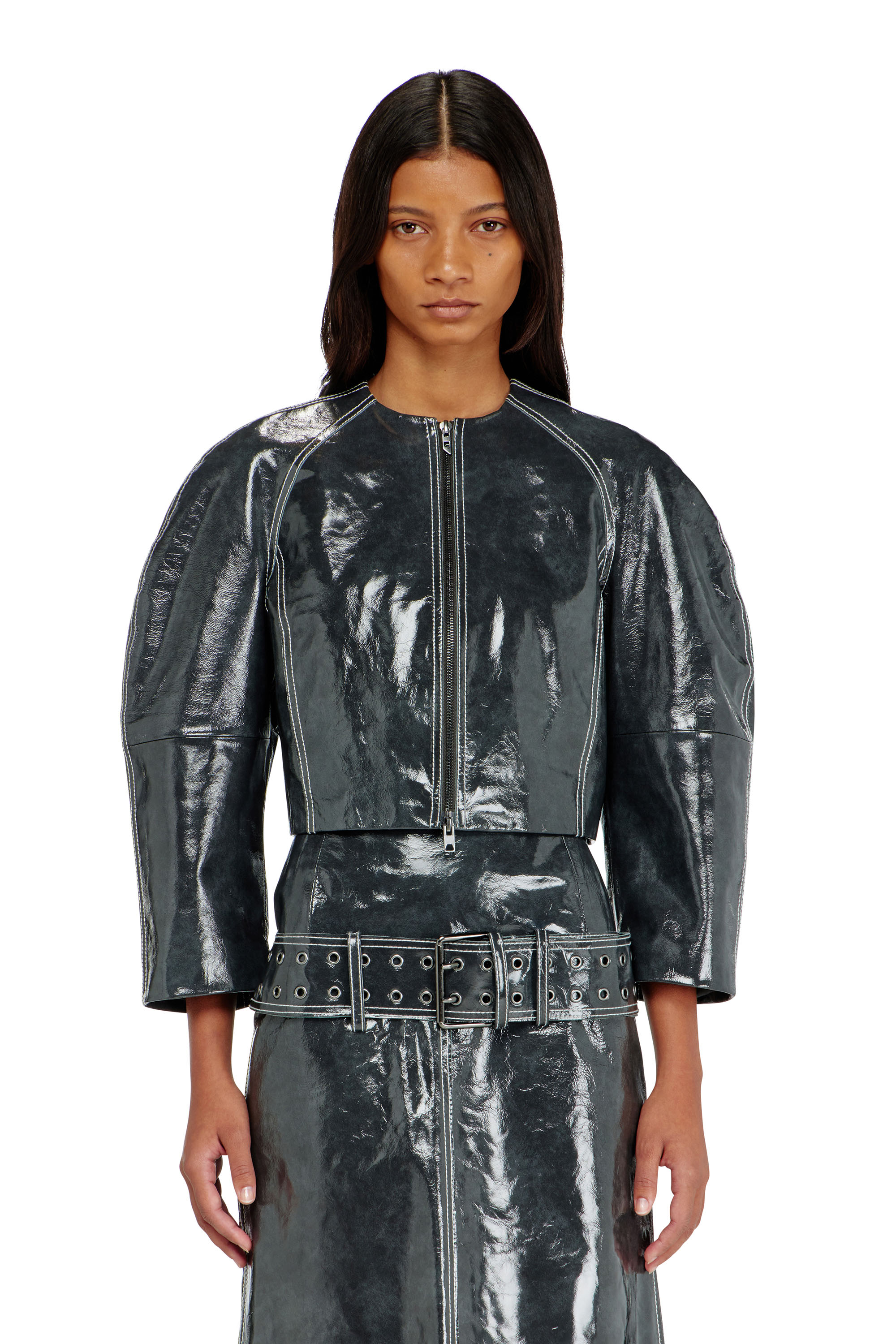 Diesel - L-ANDON, Damen Patent-leather jacket mit Cocoon-&Auml;rmeln in Dunkelgrau - 1