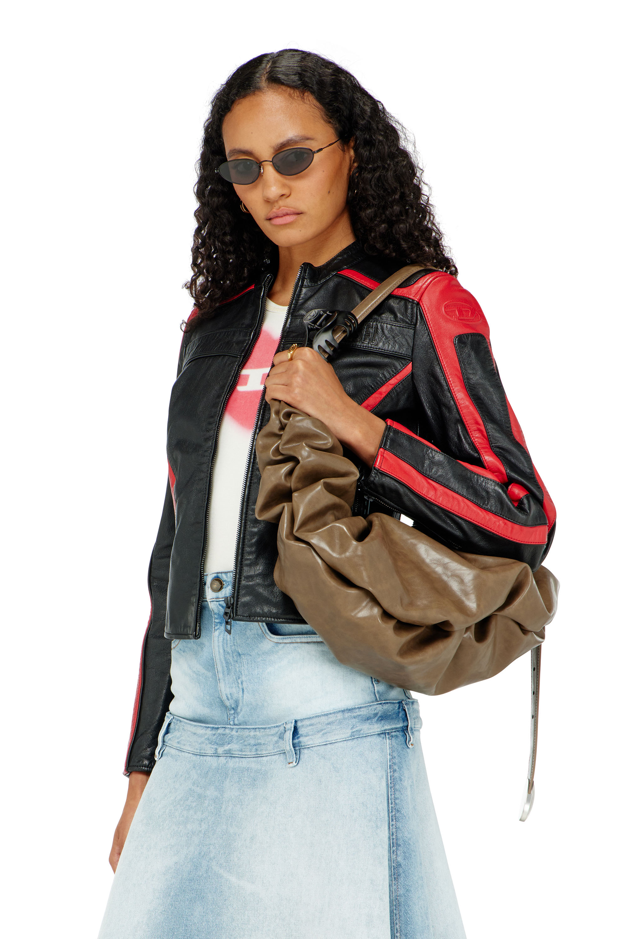 Diesel - L-OVABLE, Damen Bikerjacke aus Leder im Colour-Block-Design in Schwarz/Rot - 3