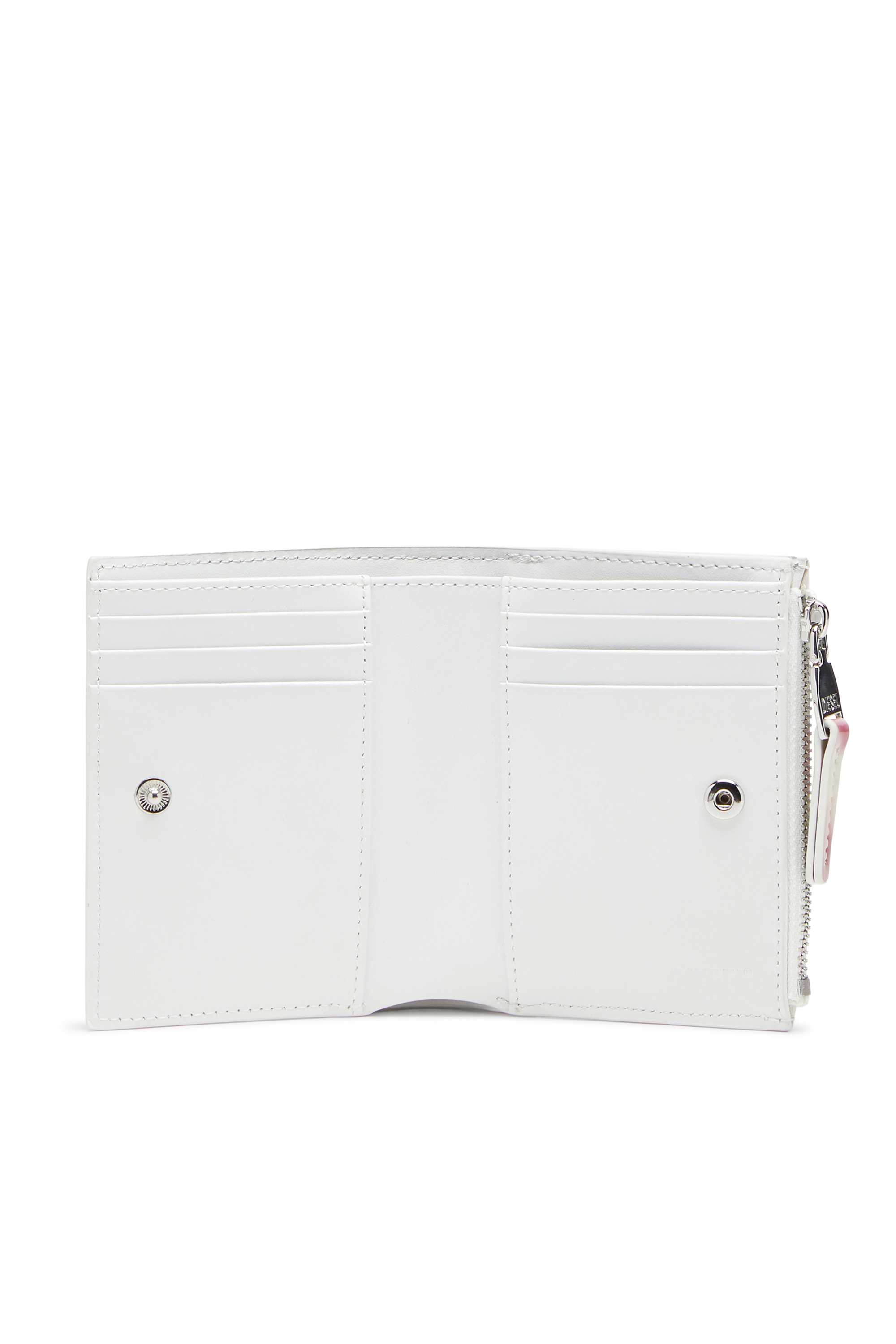Diesel - PLAY BI-FOLD ZIP II, Damen Kleines Portemonnaie aus bedrucktem glänzendem PU in Weiss/Rosa - 3