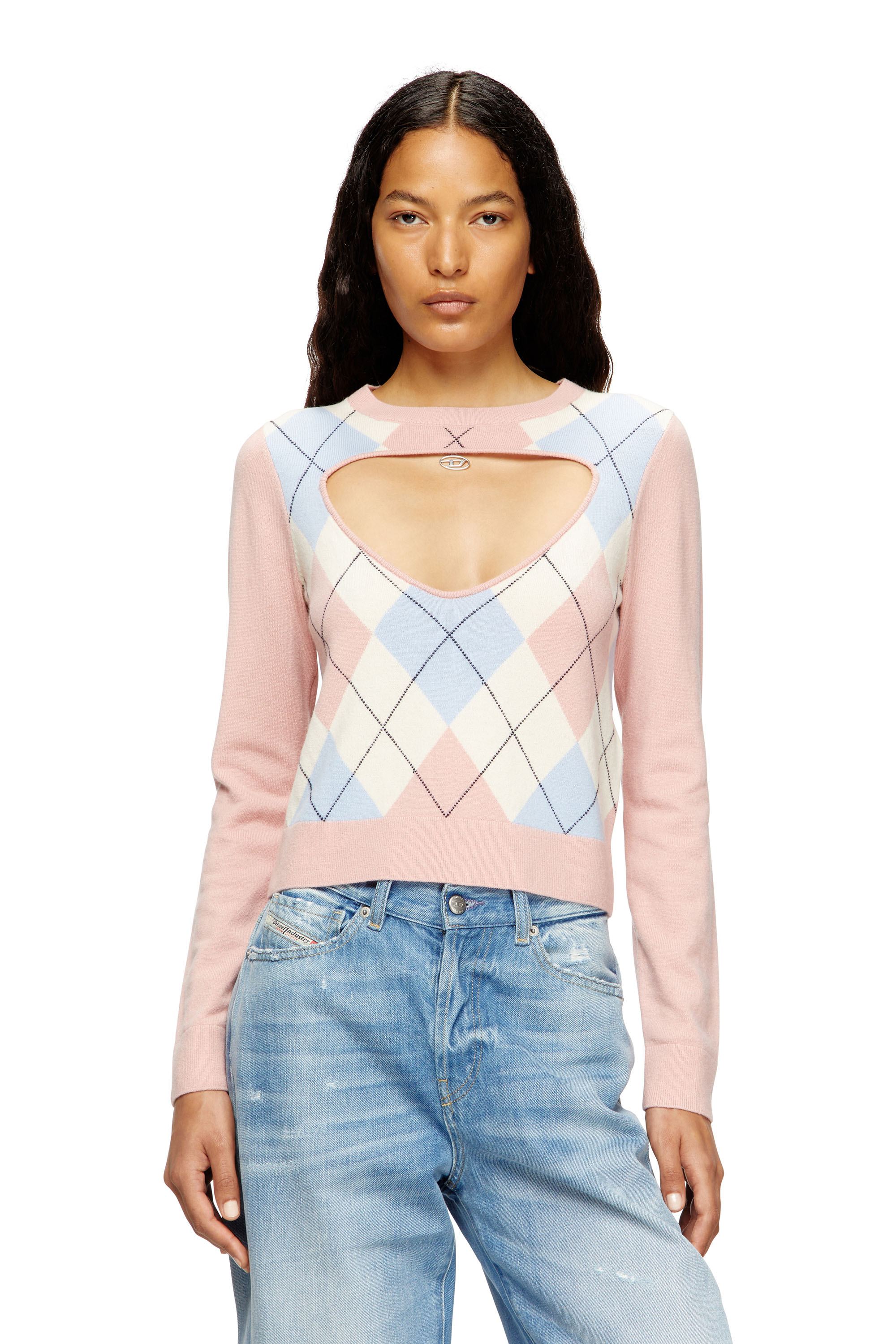 Diesel - M-ROMKO-LS, Damen Ausgeschnittener Pullover aus Argyle-Wolle in Rosa - 1