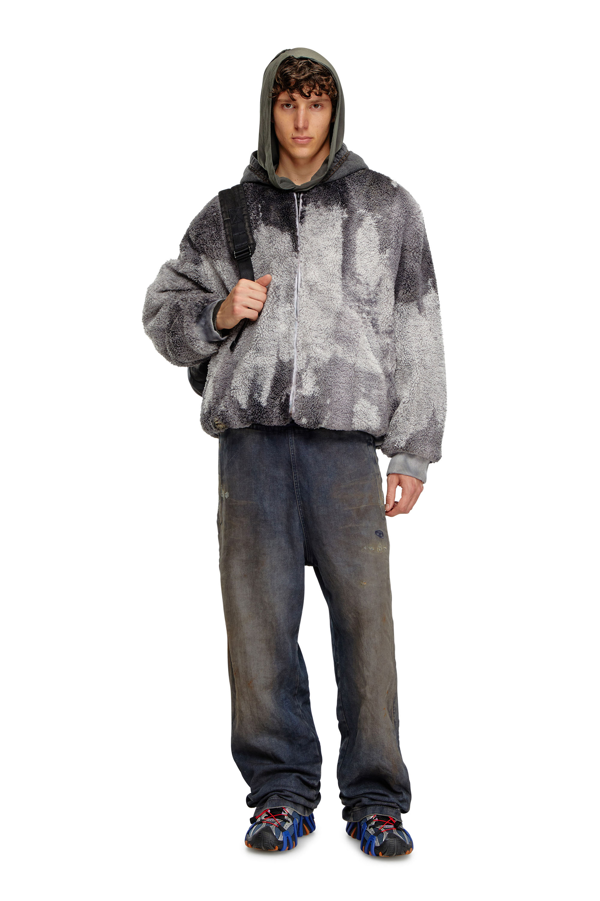 Diesel - S-DEPLA, Herren Batik-Teddyjacke mit Kapuze aus Denim in Grau - 2