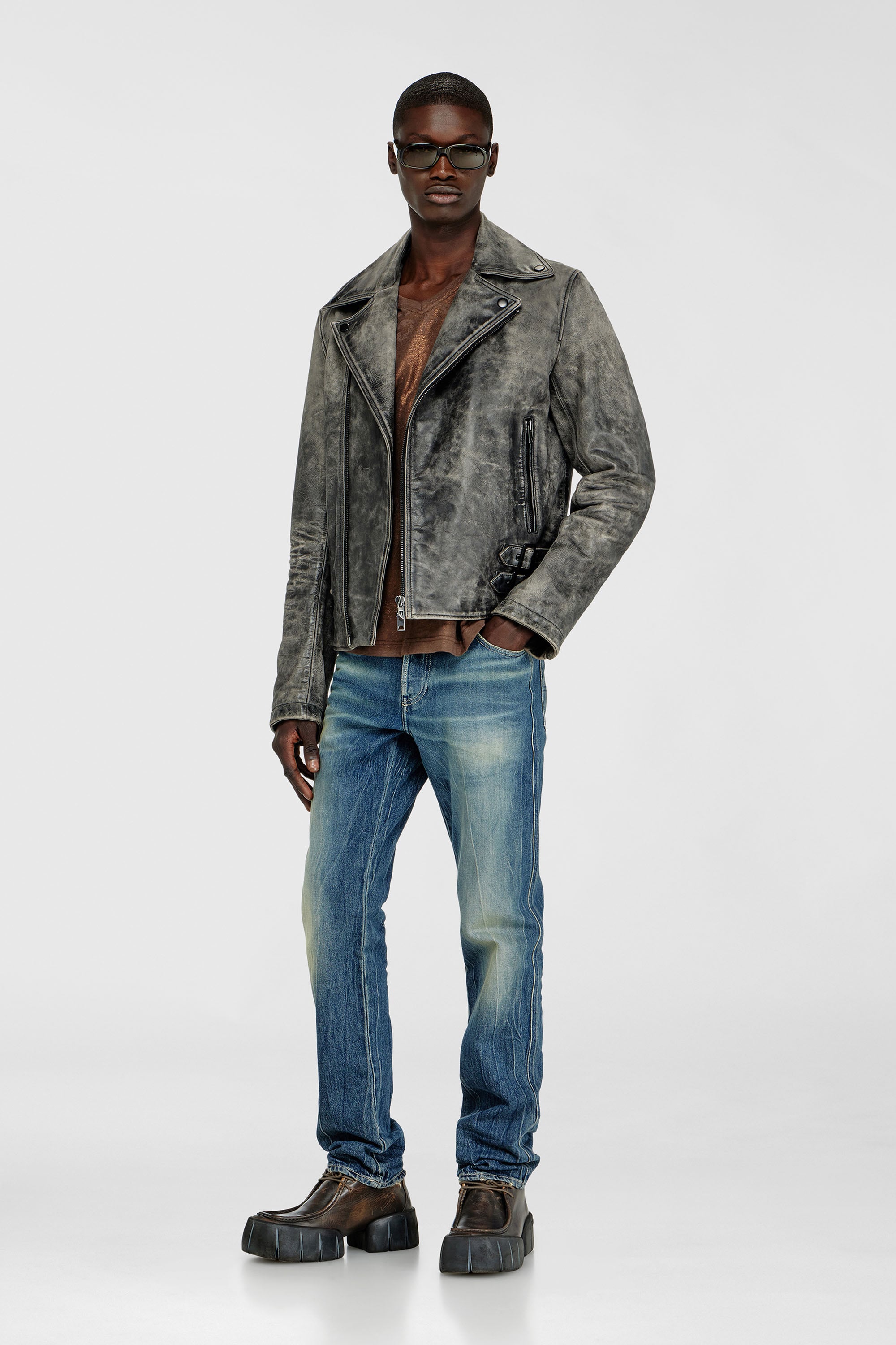 Diesel - L-EON-CJCM, Herren Biker-Jacke aus behandeltem Leder in Dunkelgrau - 2
