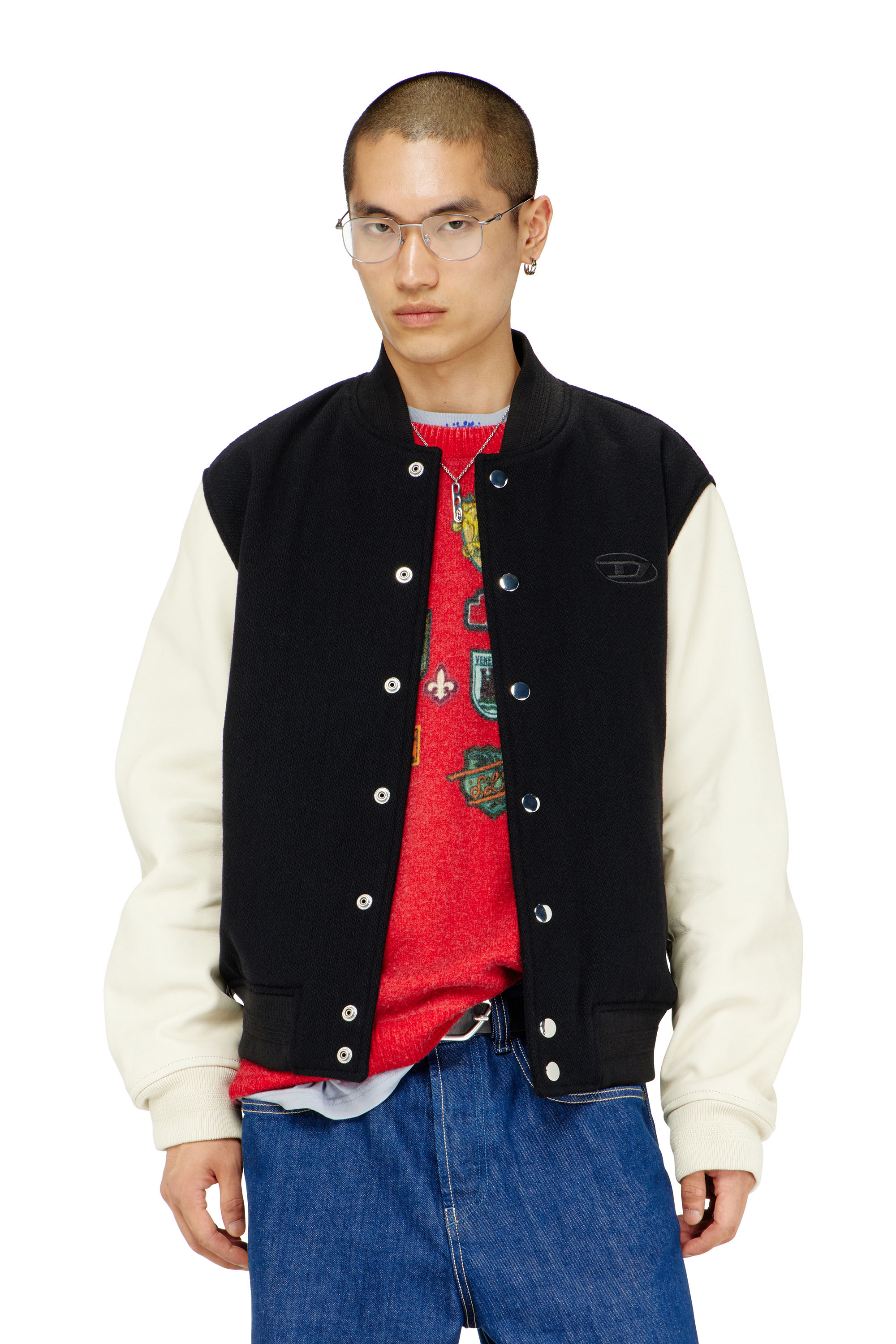 Diesel - L-ARRY-WRD, Herren Bomberjacke aus Wollmischung und Leder in Schwarz/Weiss - 1
