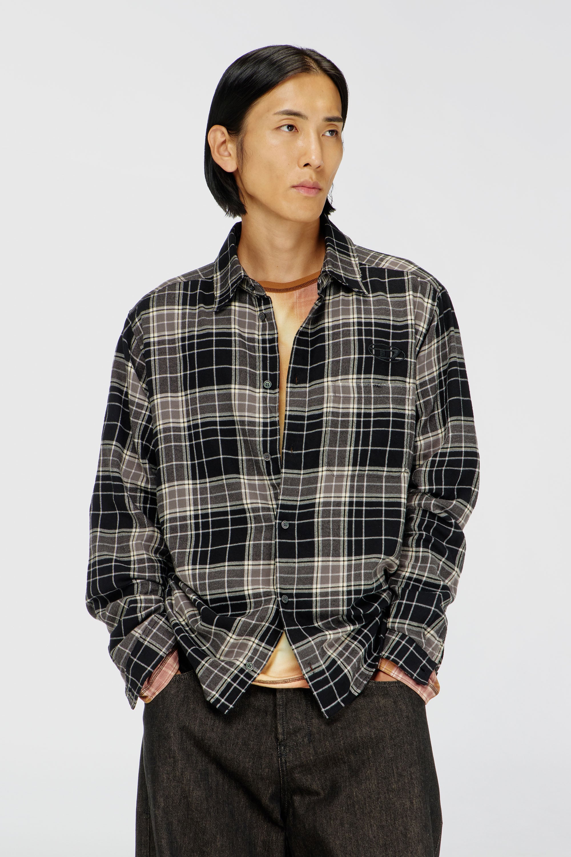 Diesel - S-SIMPLY-HNBI, Herren Hemd aus soprtlich karierter Flanell mit distressed look in Beige/Schwarz - 1