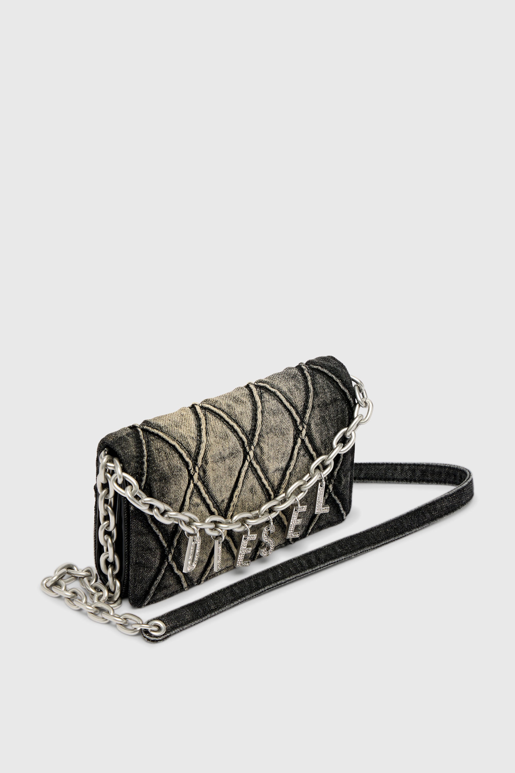 Diesel - CHARM-D WALLET STRAP, Damen Portemonnaie-Tasche aus gestepptem Argyle-Denim in Schwarz - 5