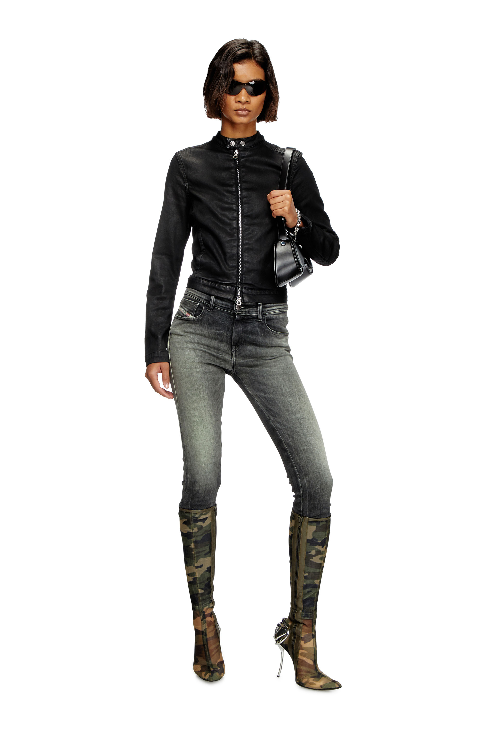 Diesel - DE-MORNIN JOGG, Damen Motorradjacke aus beschichtetem Denim in Schwarz - 1