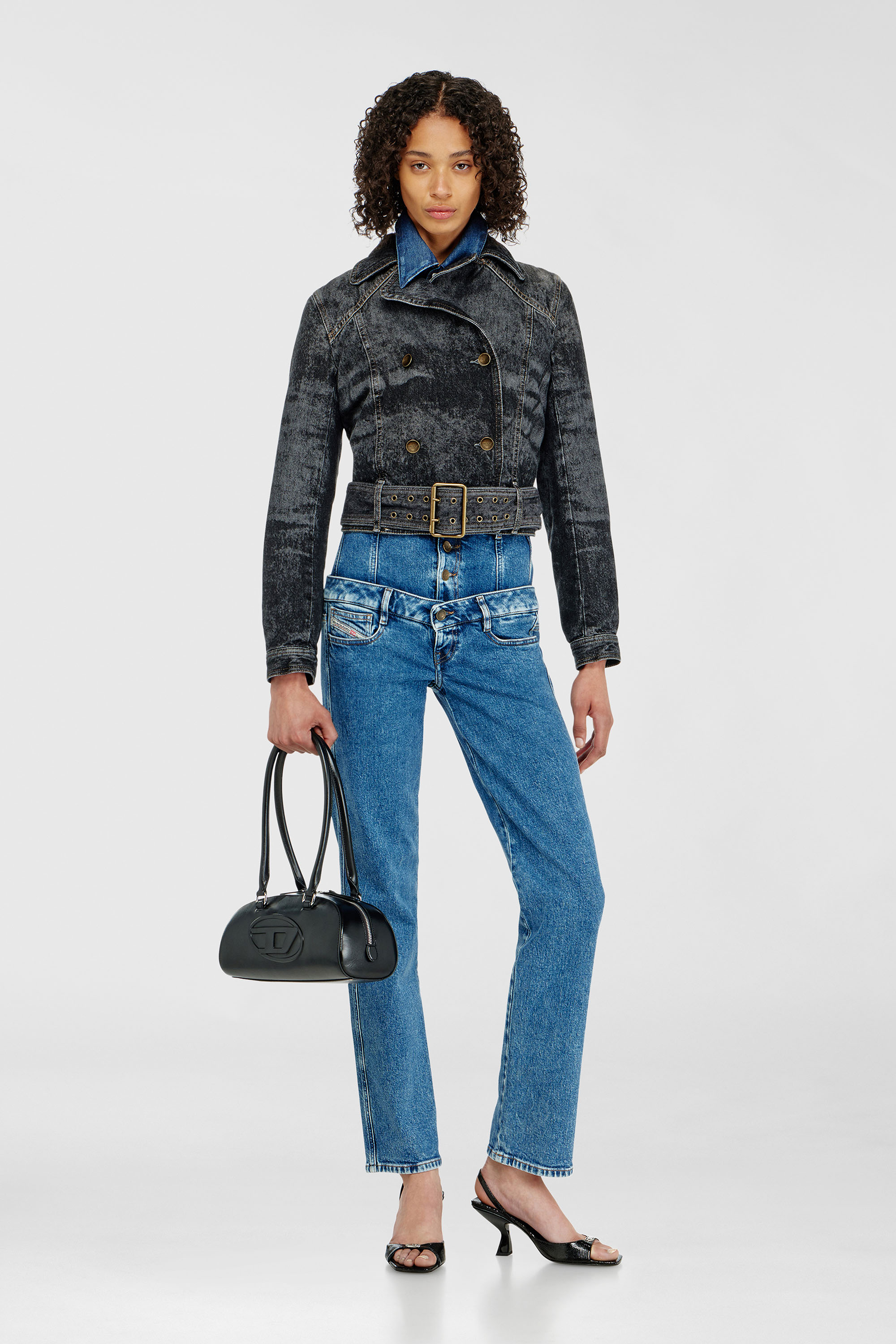Diesel - DE-LEGEND-S, Damen Cropped Denimjacke mit G&uuml;rtel in Schwarz - 2