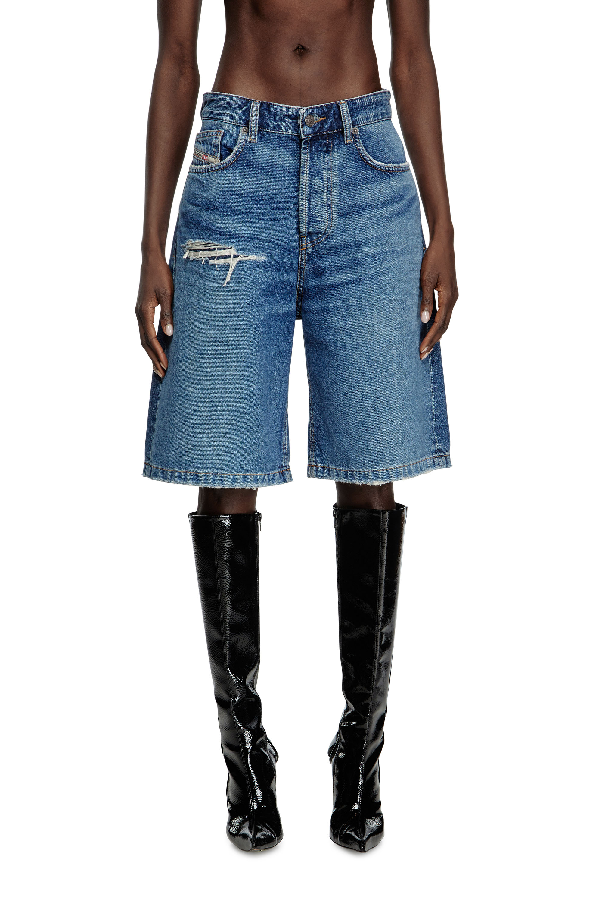 Diesel - DE-SIRE-SHORT, Damen Shorts aus Denim mit gerissenen Details in Mittelblau - 1