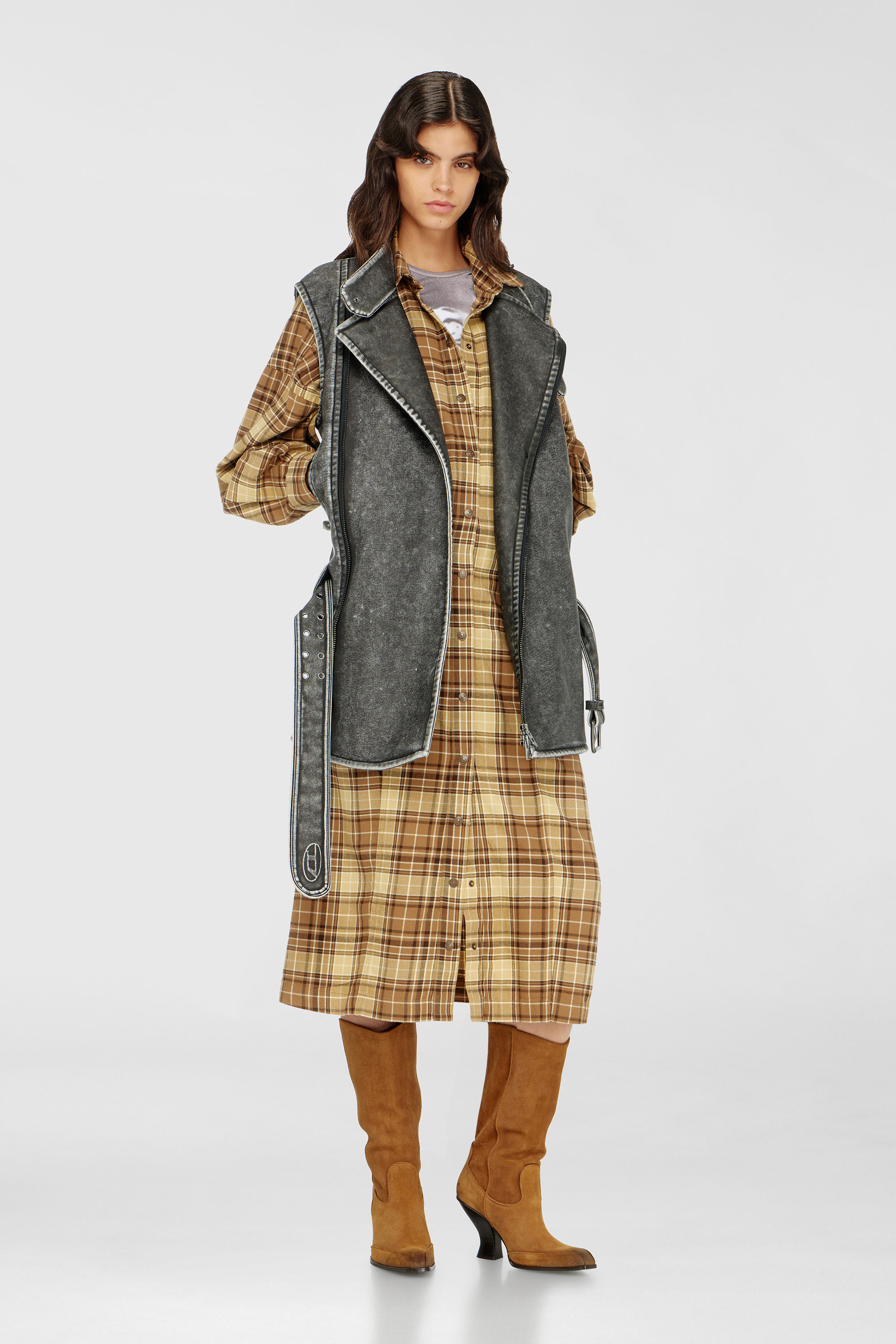 Diesel - D-EDALUS, Damen Midikleid aus kariertem Flanell mit breitem G&uuml;rtel in Braun/Gelb - 1