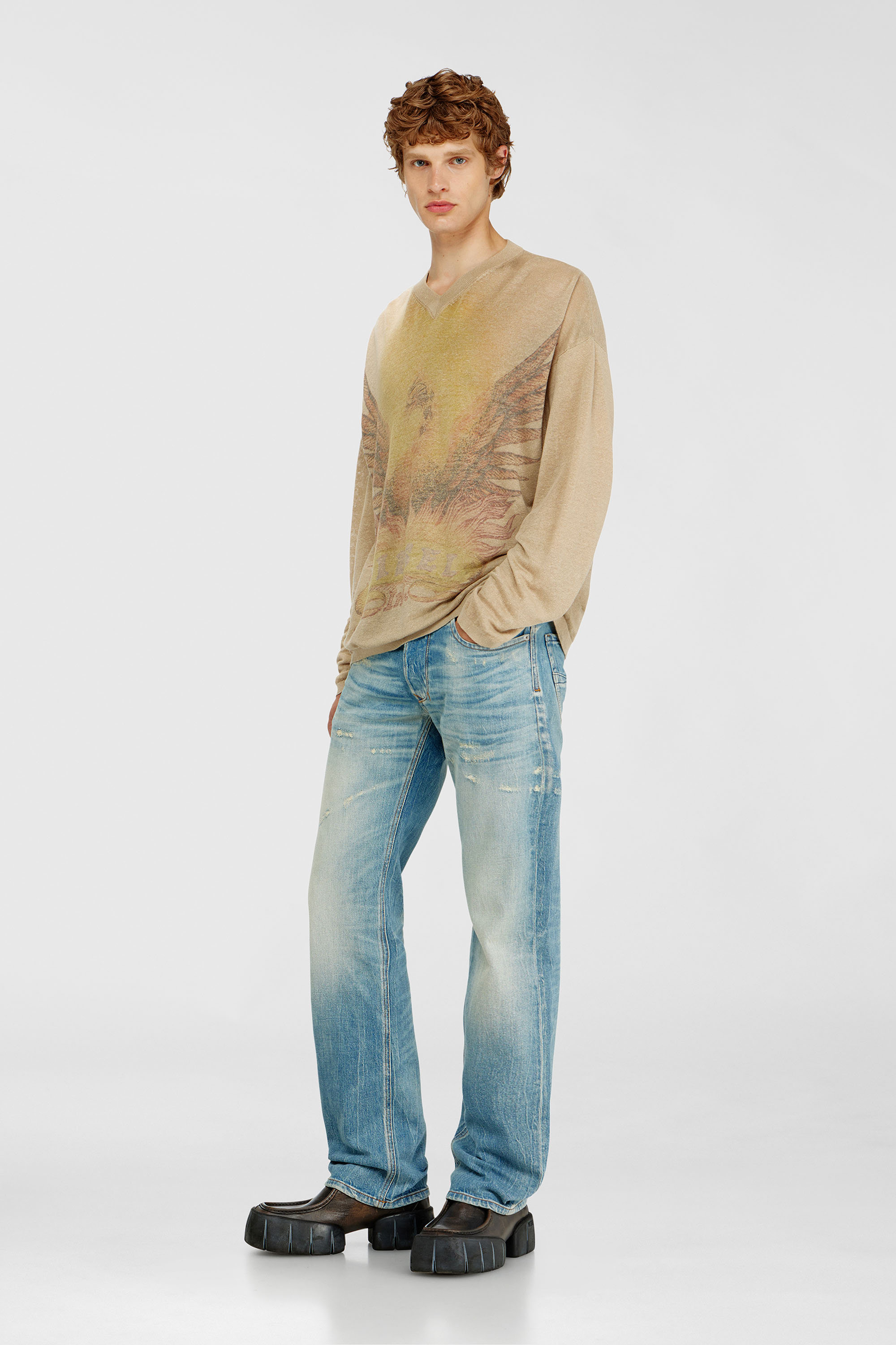Diesel - K-ARMINS, Herren Leinenpullover mit verblasstem Phoenix-Print in Beige - 1
