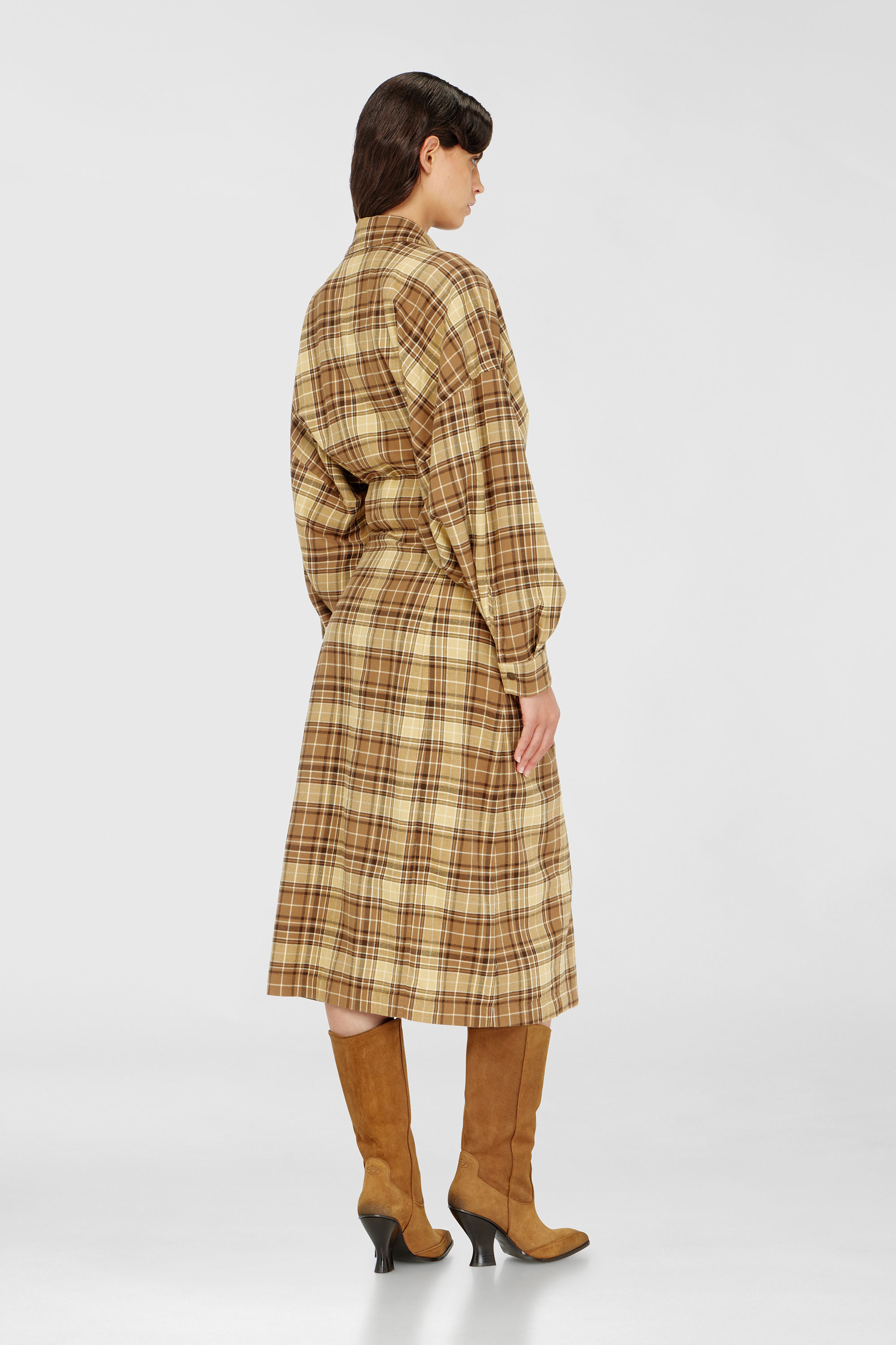 Diesel - D-EDALUS, Damen Midikleid aus kariertem Flanell mit breitem G&uuml;rtel in Braun/Gelb - 4