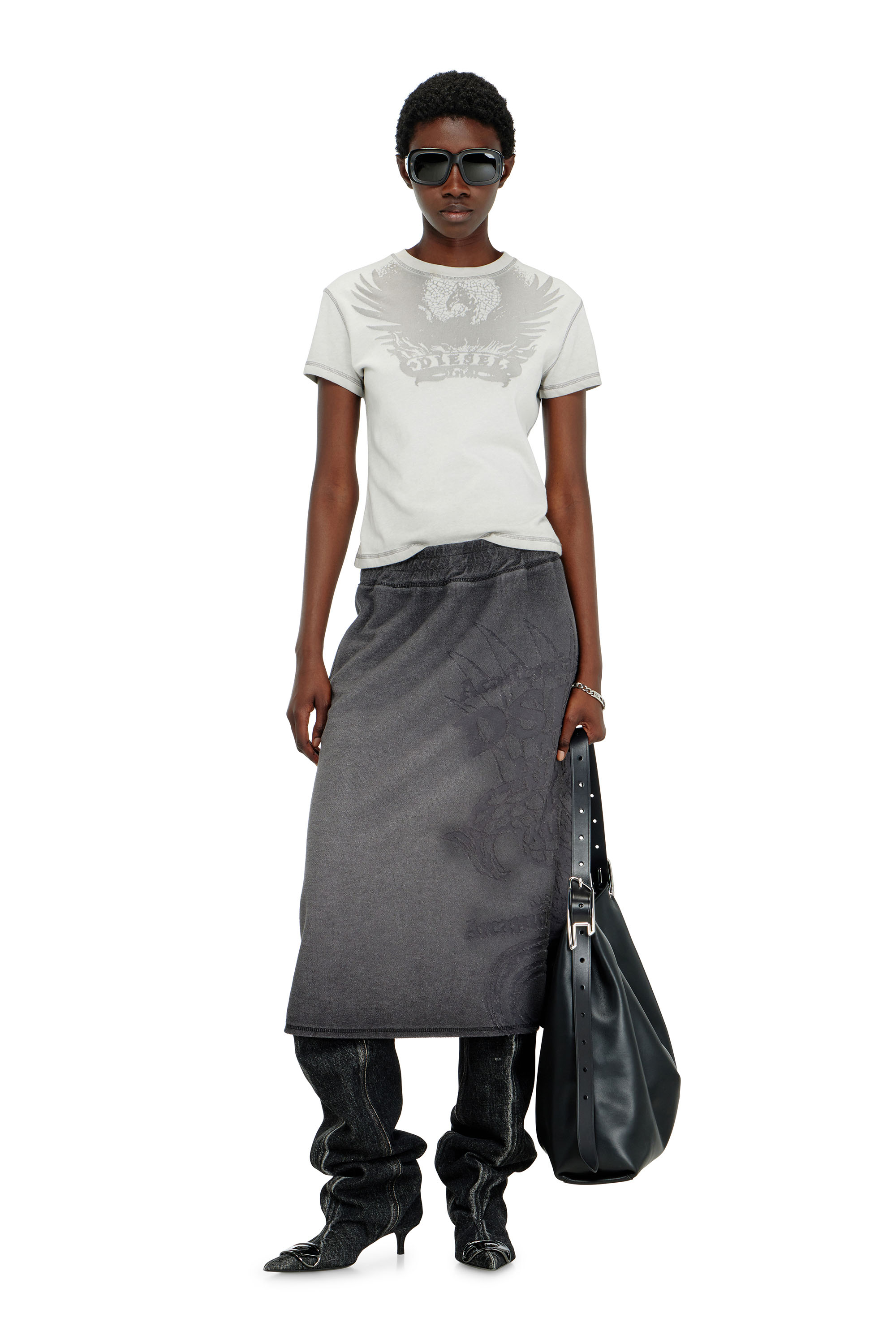 Diesel - O-BEAUTY, Damen Fleece-Midirock mit D&eacute;vor&eacute;-Print in Dunkelgrau - 1