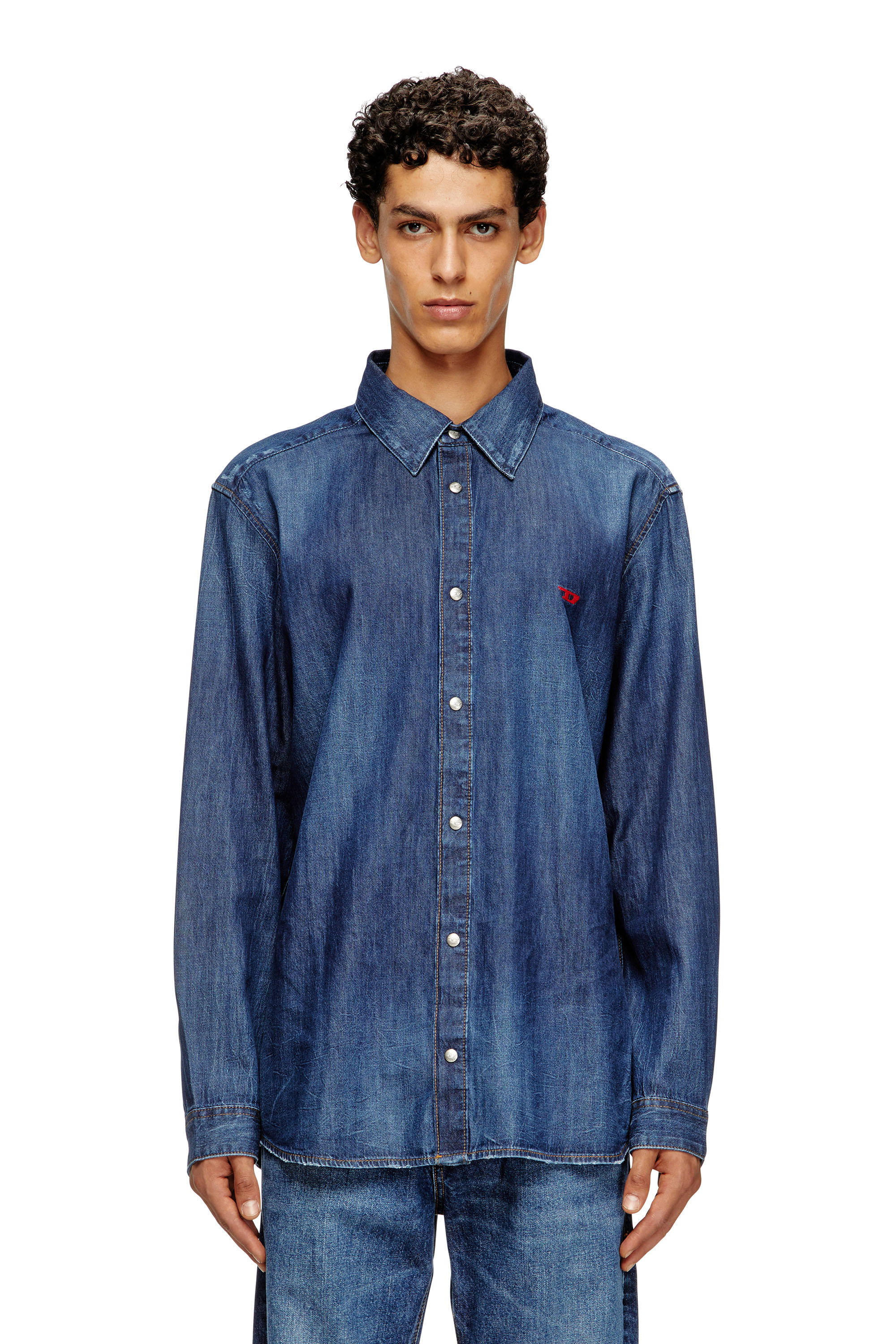 Diesel - D-SIMPLY, Man's Denim shirt with embroidered logo in Medium blue - 1