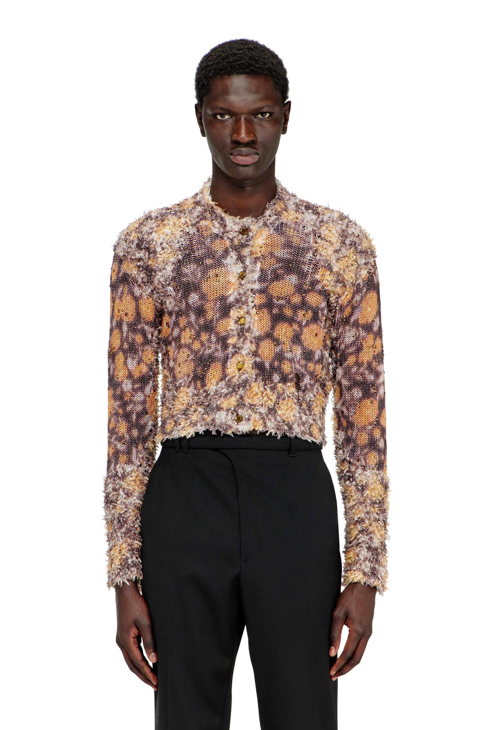 Diesel - M-LINNEA, Damen Bedruckte, bauchfreie Strickjacke mit Kristallen in Braun - 2