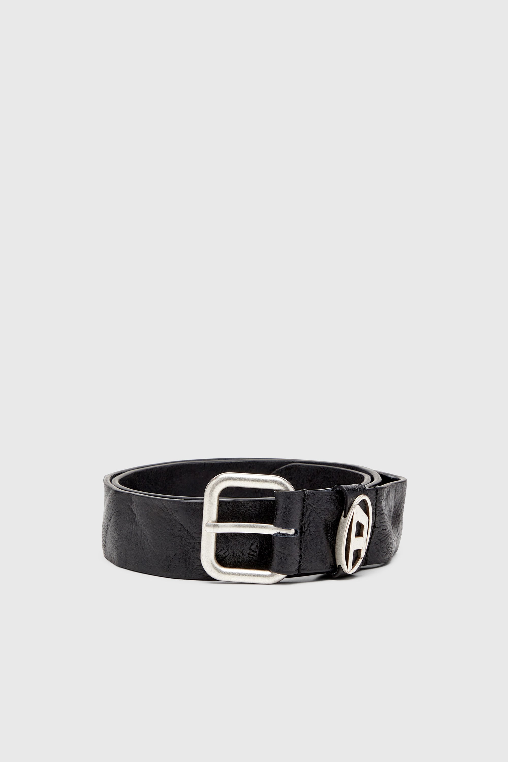 Diesel - B-1DR OVAL D LOOP, Unisex 3.9cm G&uuml;rtel aus Knitter-Leder mit Logo-Plakette in Schwarz - 1