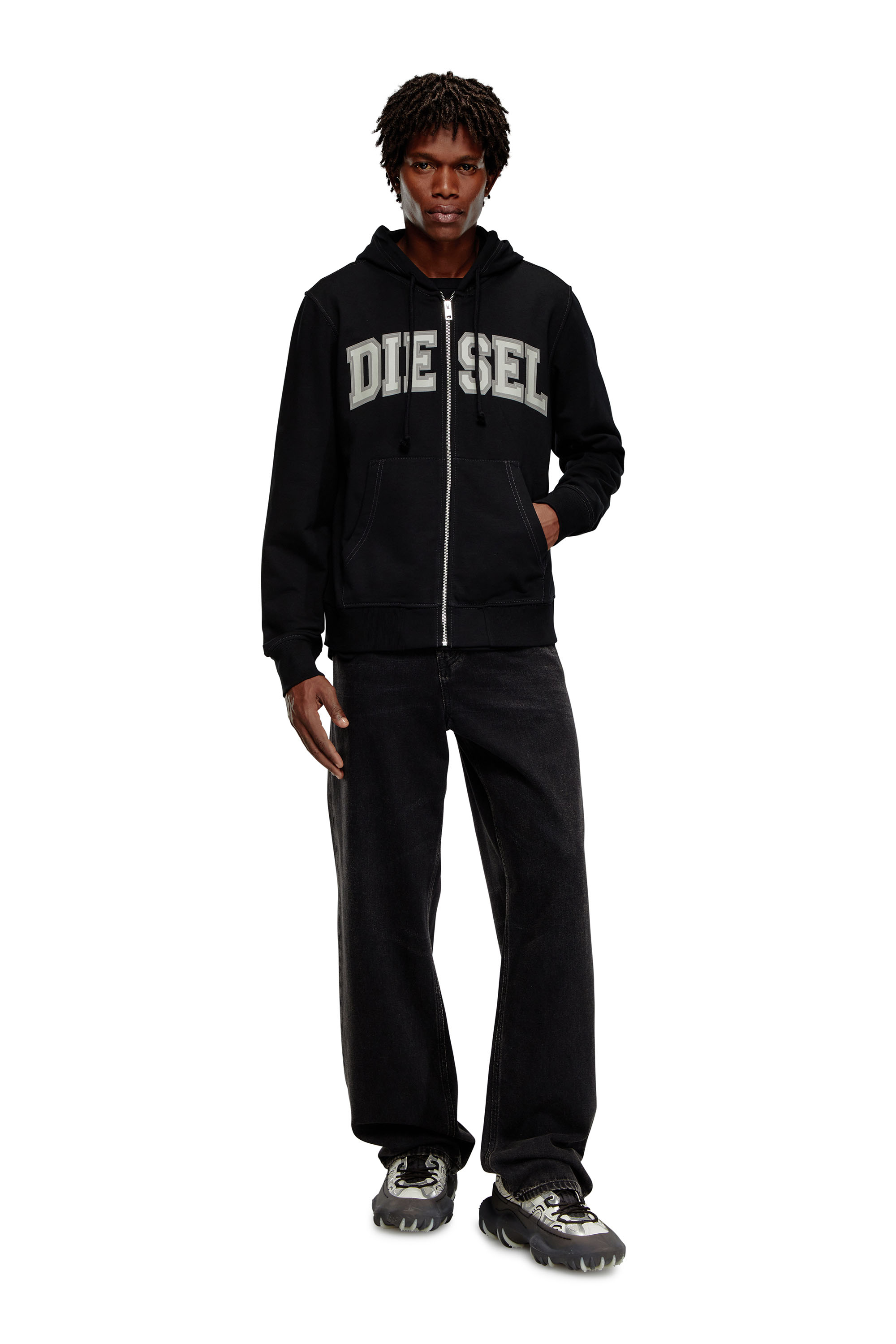 Diesel - S-GINN-HOOD-ZIP-K12, Herren Hoodie mit College-Grafik und Rei&szlig;verschluss in Schwarz - 1