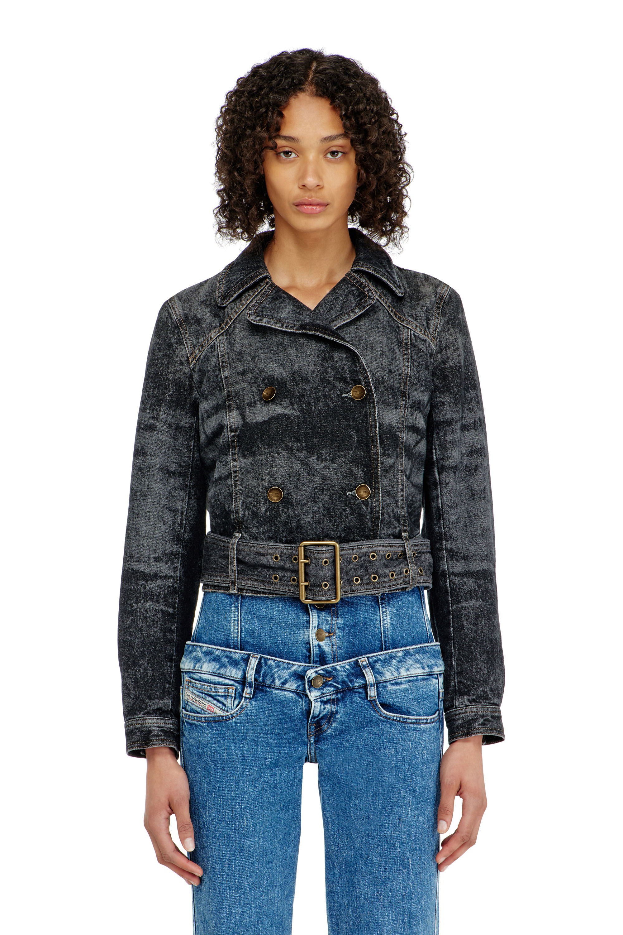 Diesel - DE-LEGEND-S, Woman's Cropped denim jacket with belt in Black/Dark grey - 2