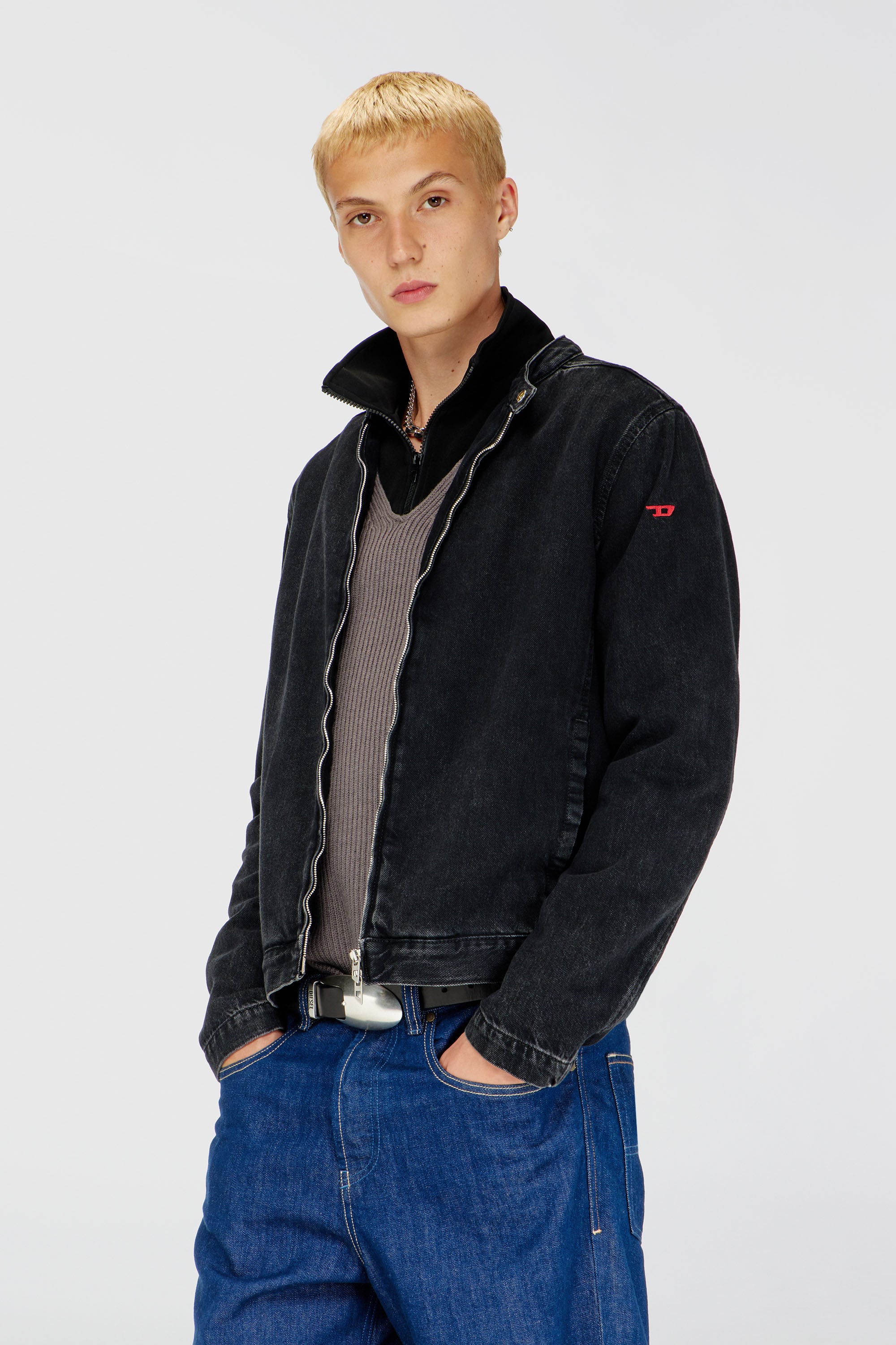 Diesel - D-GLORY, Herren Bikerjacke aus sauber gewaschenem Denim in Schwarz - 1