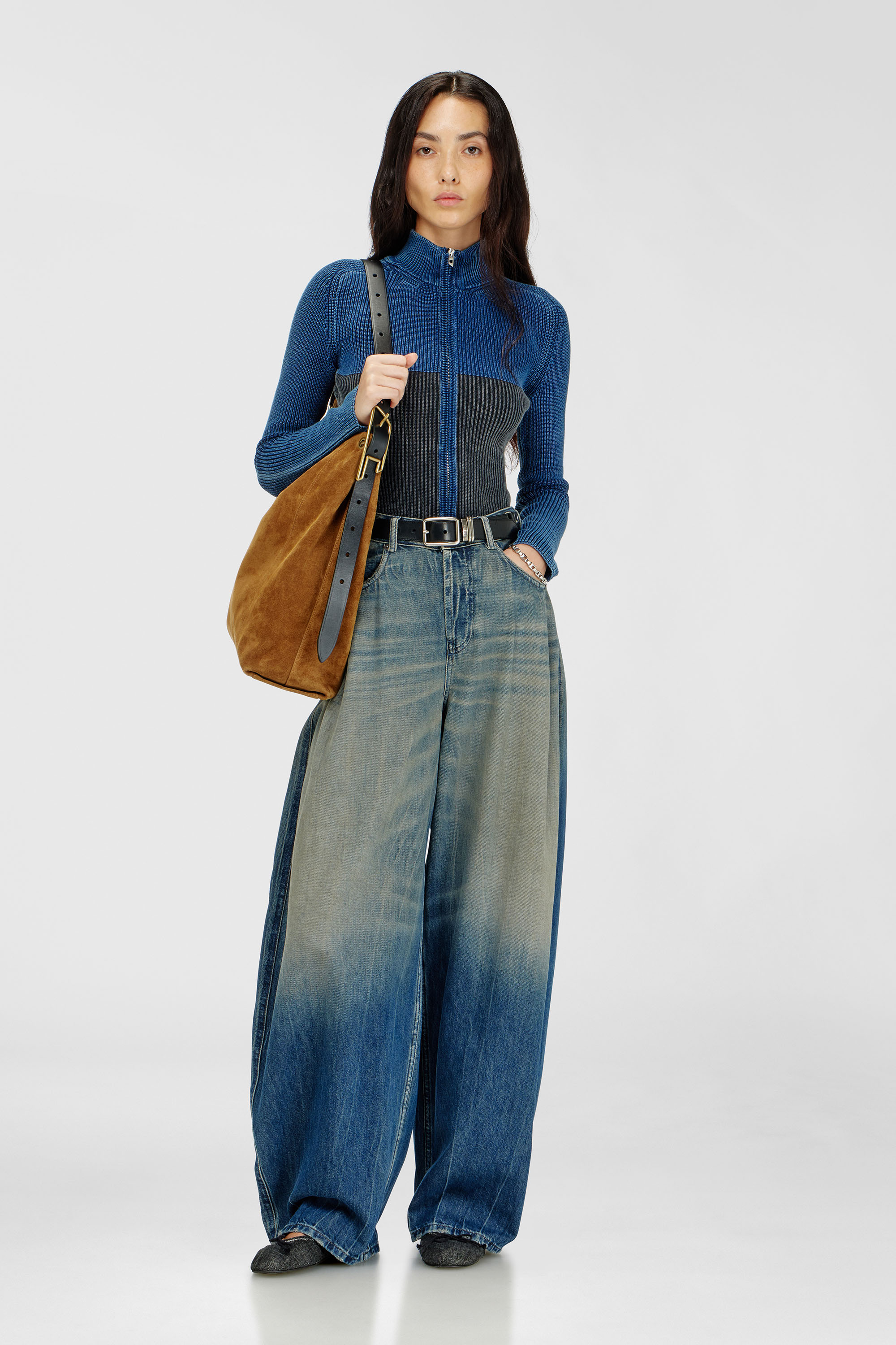 Diesel - M-HERMOSITA, Damen Strickjacke mit Rei&szlig;verschluss und zweifarbigem Denim-Effekt in Schwarz/Blau - 2