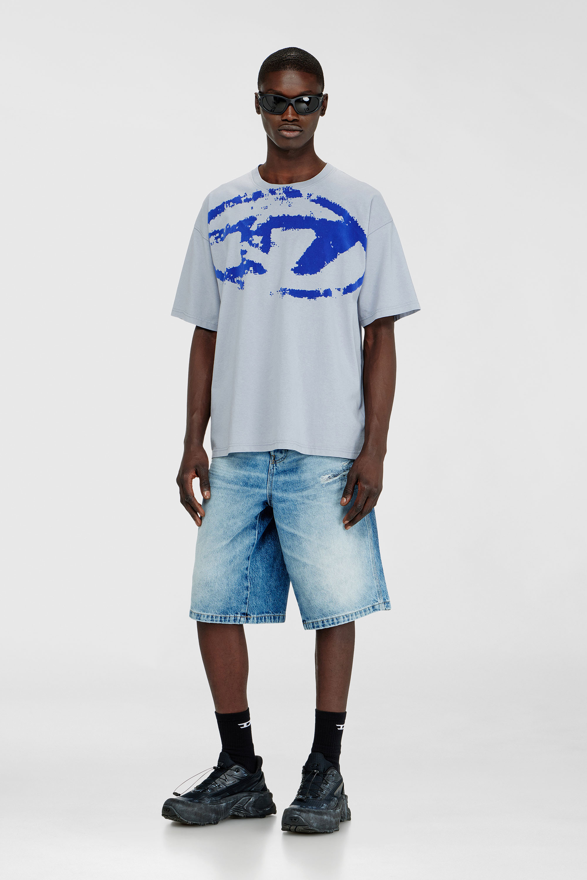 Diesel - T-BOXT-N14, Man's T-shirt with distressed flocked logo in Light Blue - 2