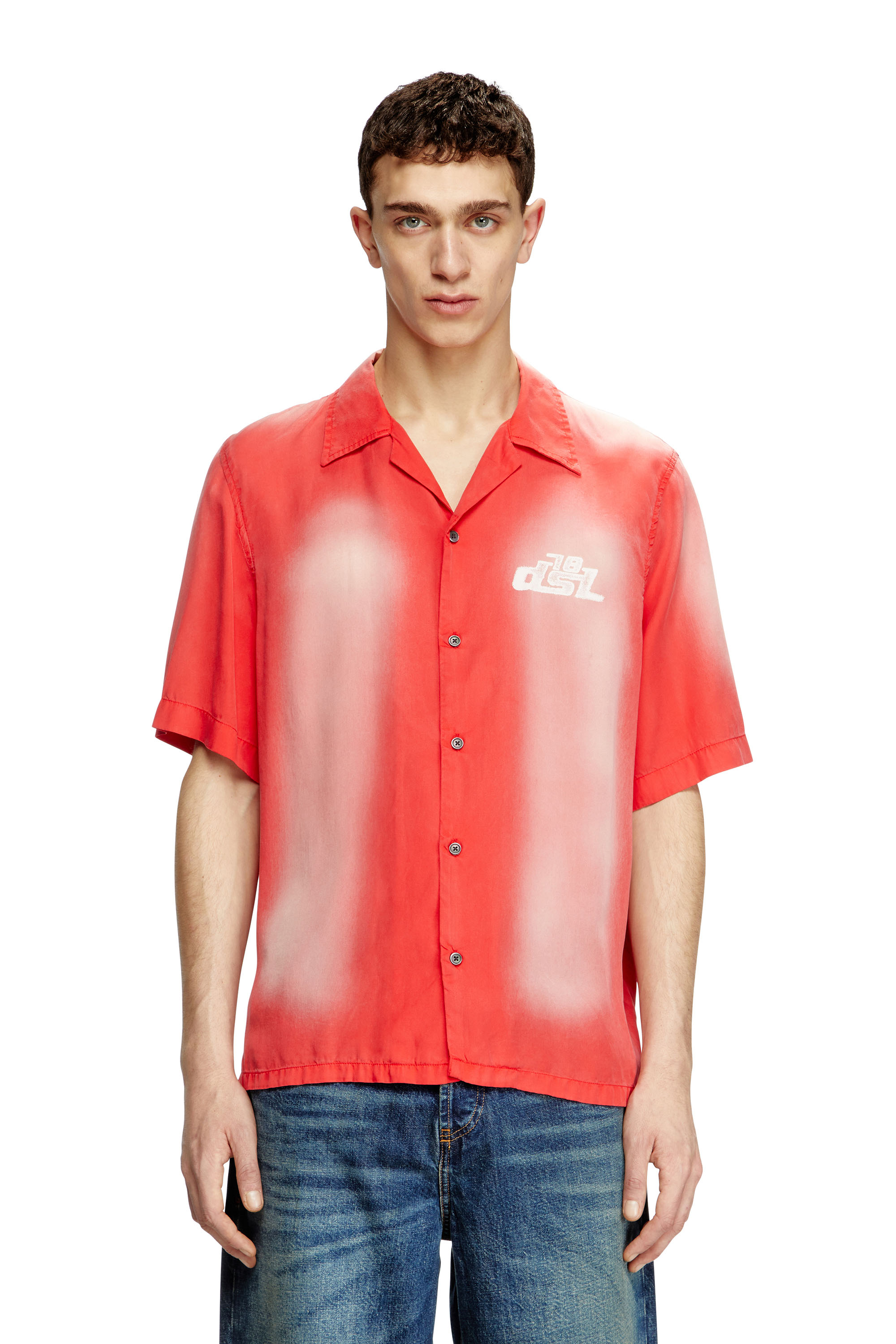 Diesel - S-ELLY, Man's Faded bowling shirt with logo prints in Red - 1