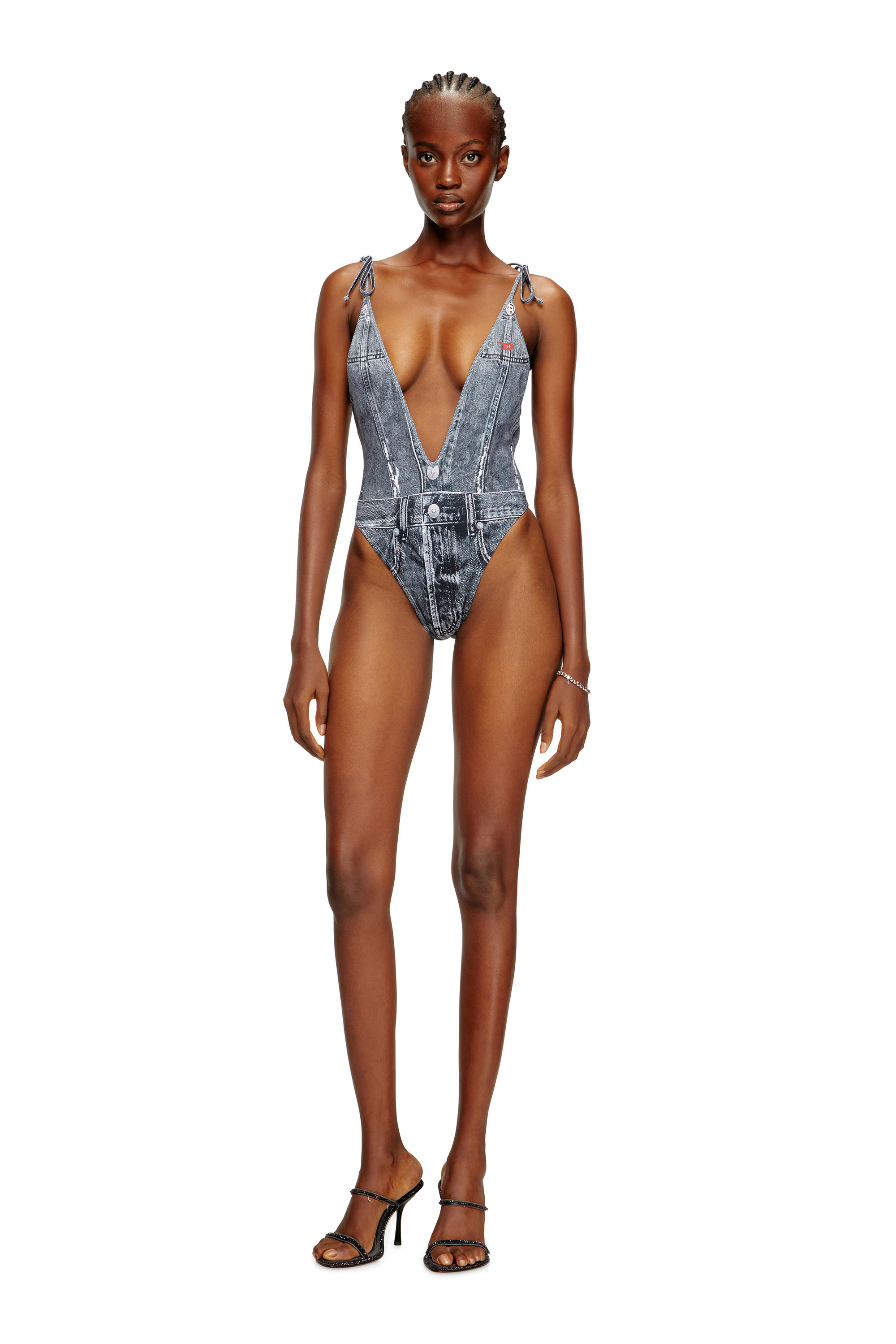Diesel - KINSLEY-DNM, Damen Tiefer Badeanzug mit Denim-Trompe l'œil in Blau - 2