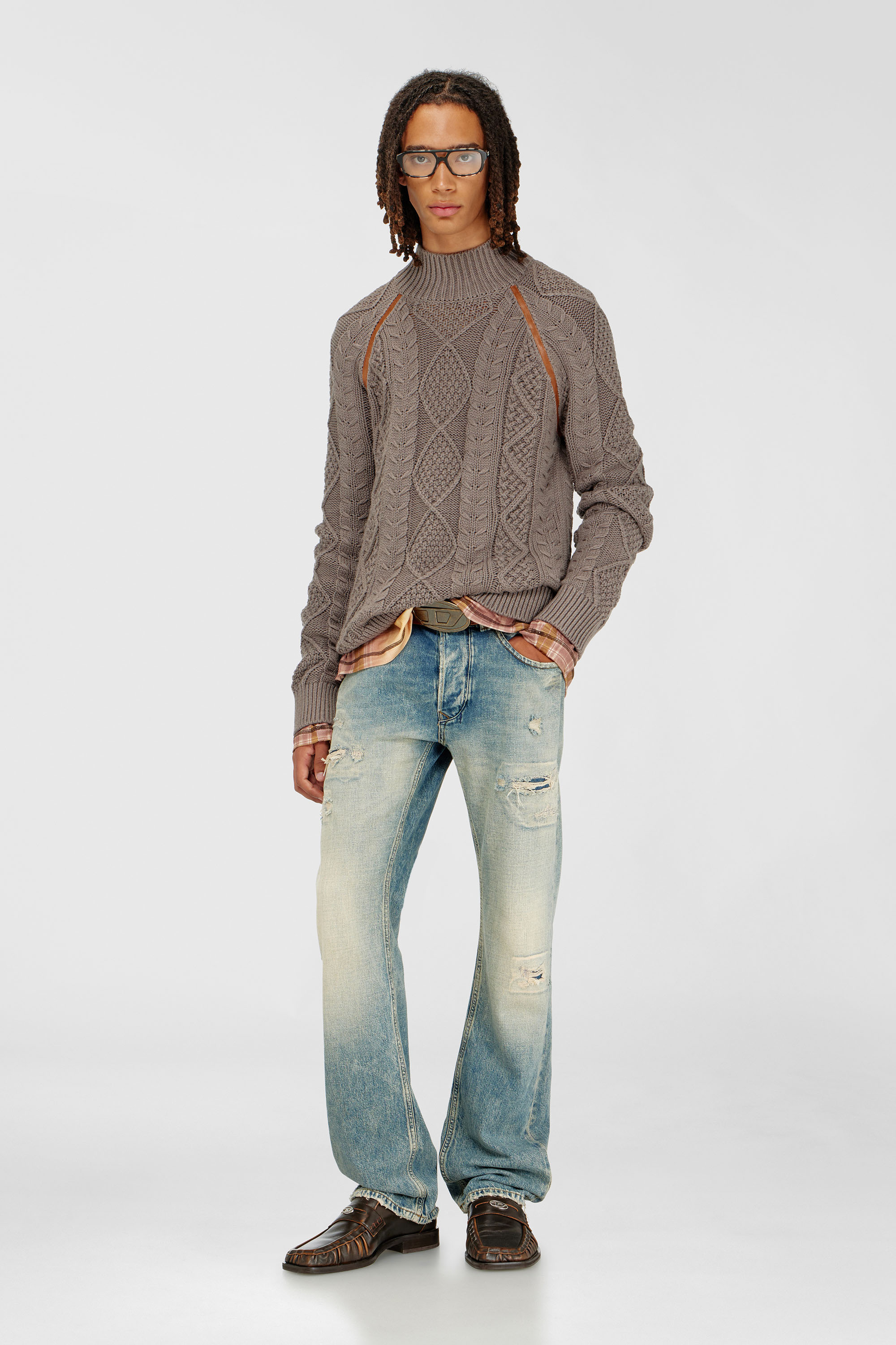 Diesel - K-INOME, Herren Rollkragenpullover im Zopfmuster in Braun - 2
