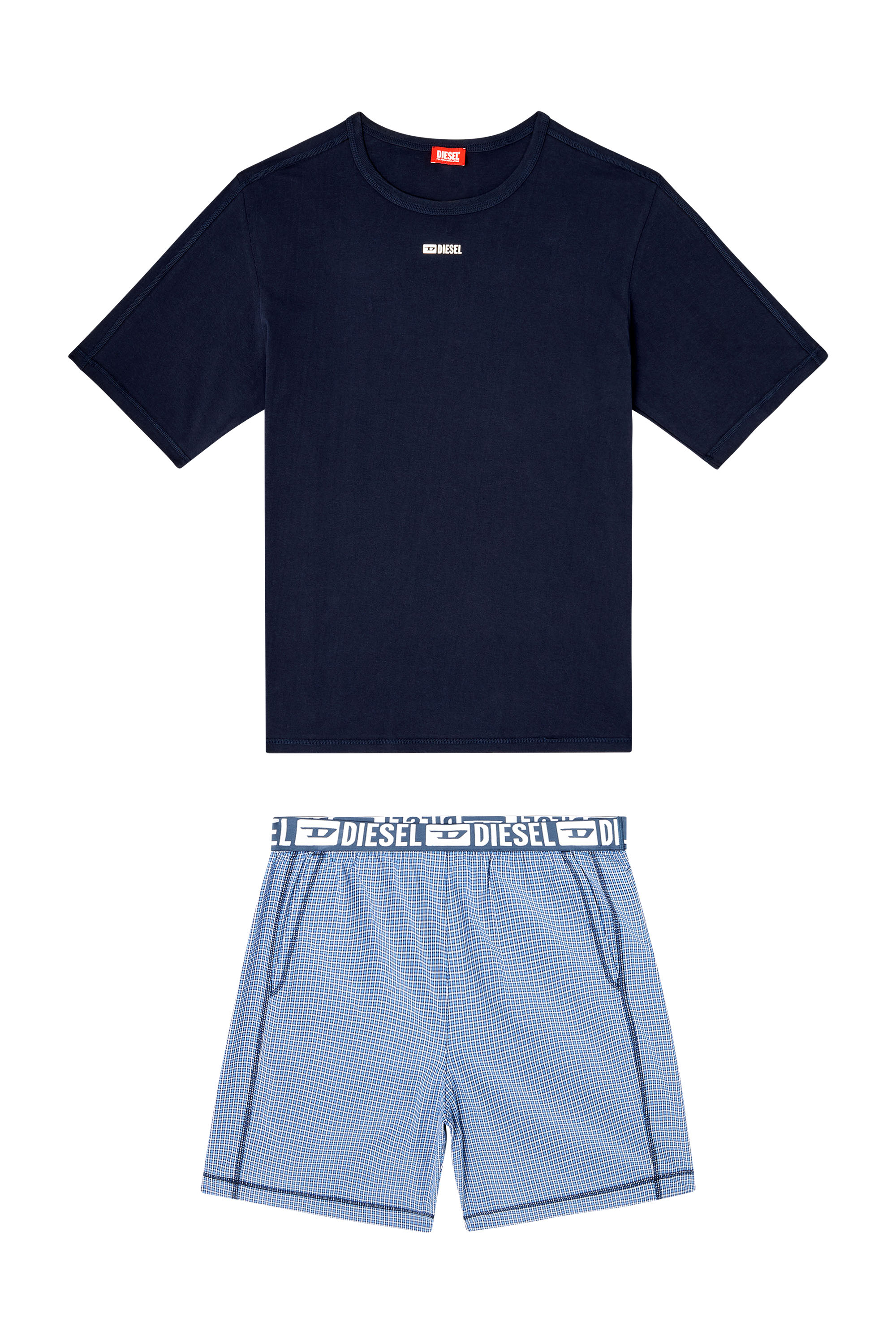 Diesel - KIT-RAUL-D-CORE, Herren Baumwoll-Pyjama-Set mit karierten Shorts in Blau - 2