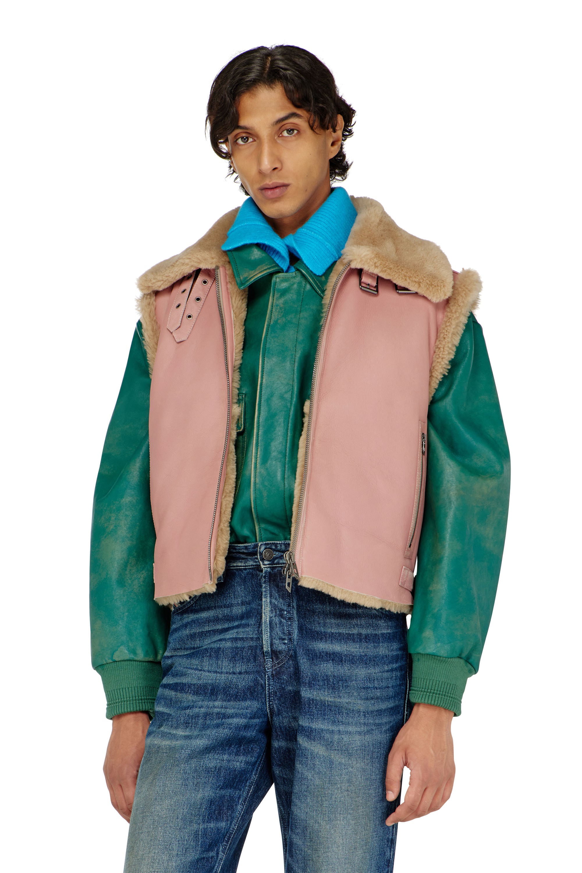 Diesel - L-HONT, Herren Lederweste mit Shearling in Rosa - 1