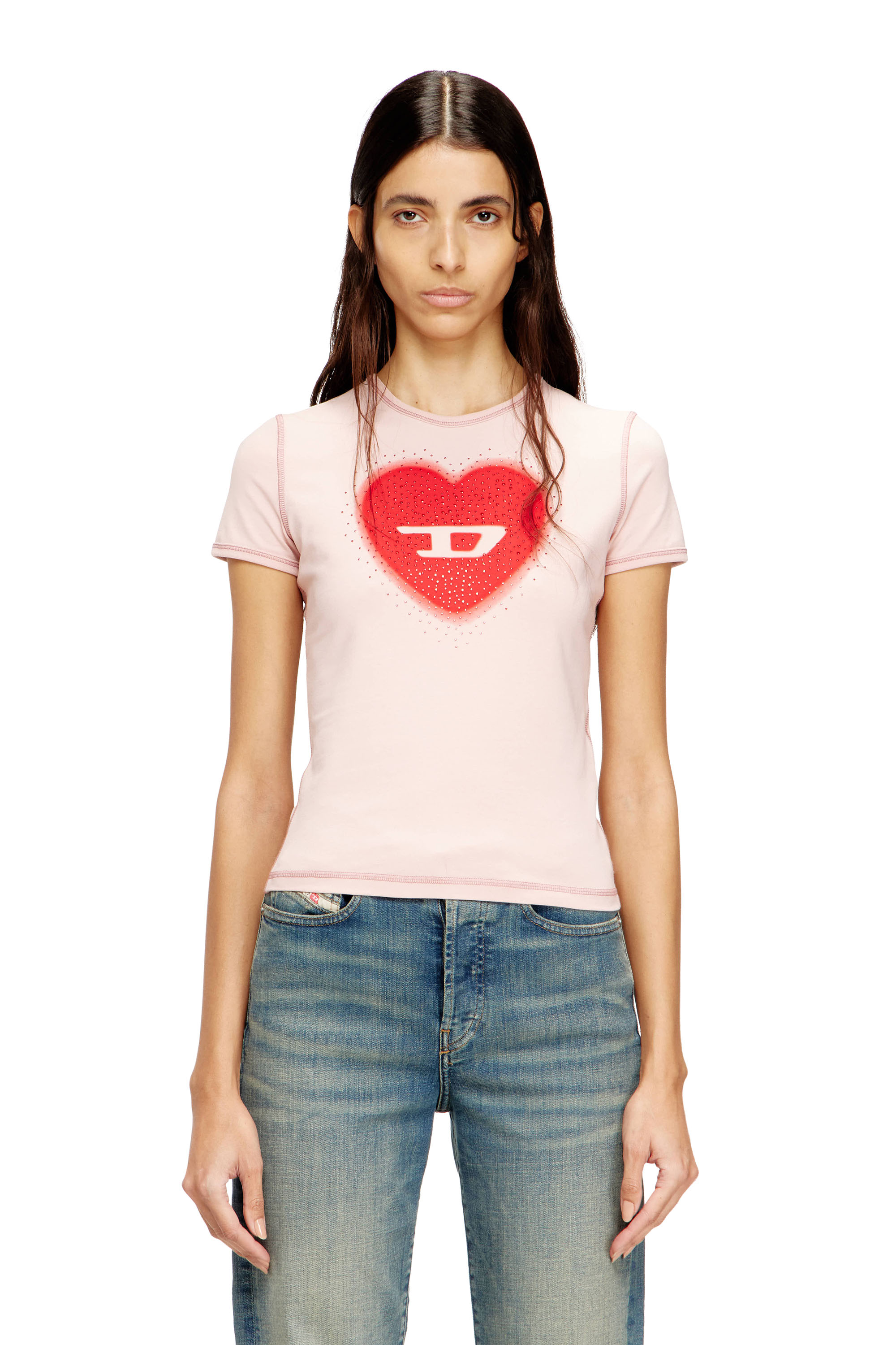 Diesel - T-UNCUTIES-LONG-S5, Damen Schmales T-Shirt mit Herz-Print und Nieten in Rosa - 1