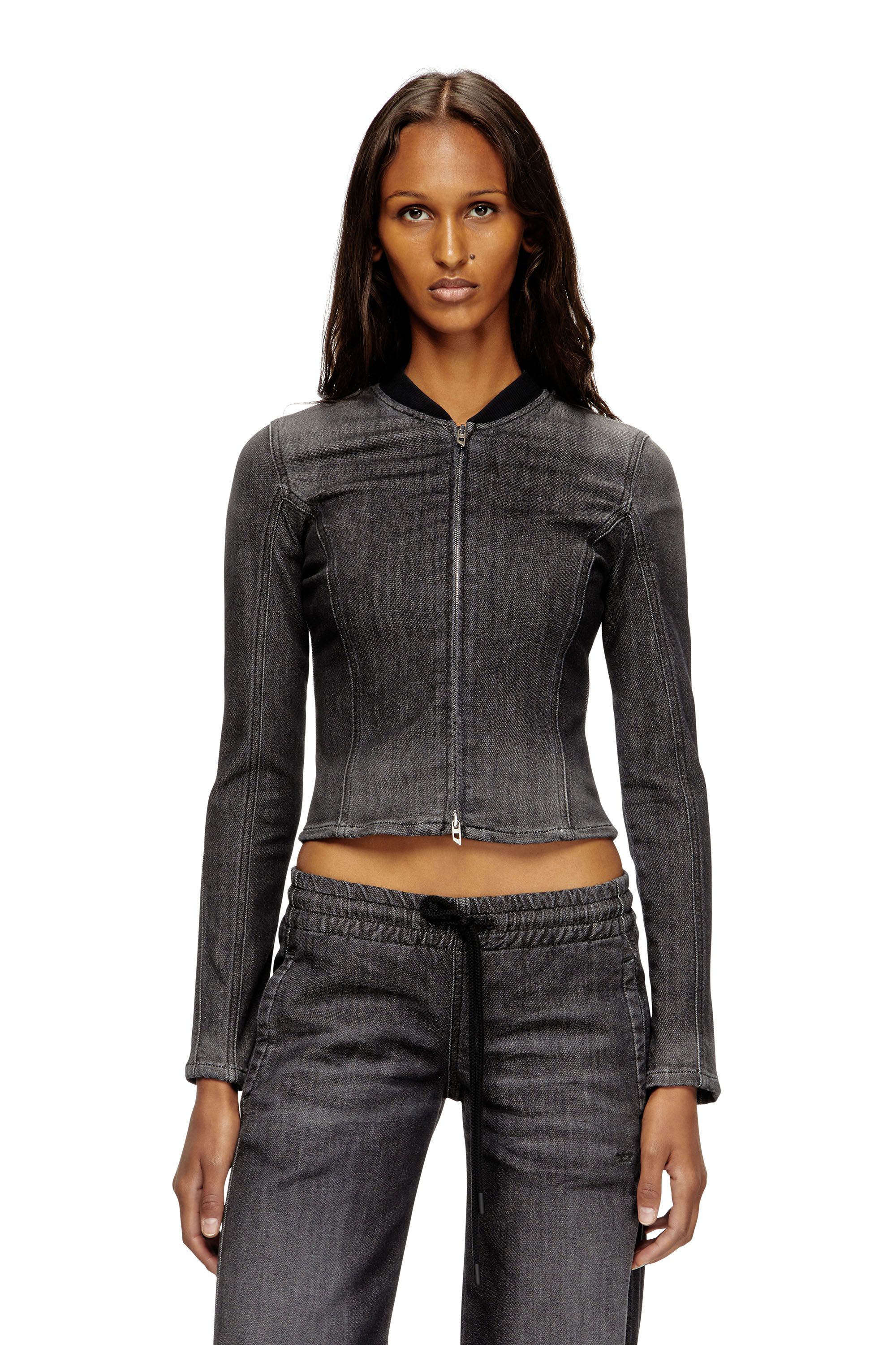 Diesel - DE-GARY-D JOGG, Damen Verkürzte Jacke aus einfarbigem Denim in Schwarz - 1
