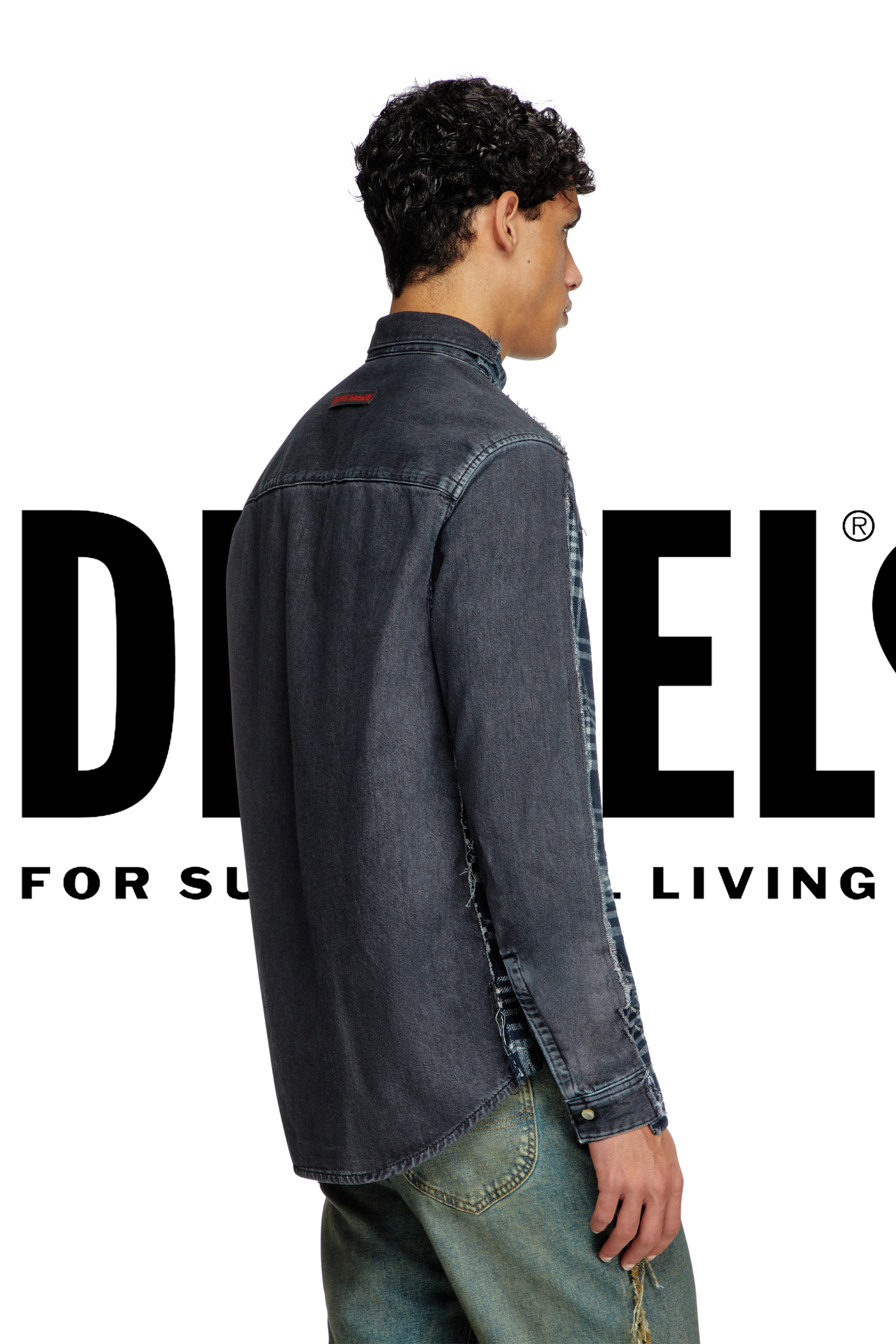 Diesel - Shirt Dieseloves 6B, Unisex Überfärbtes Karo- und Denim-Hemd in Blau/Schwarz - 5