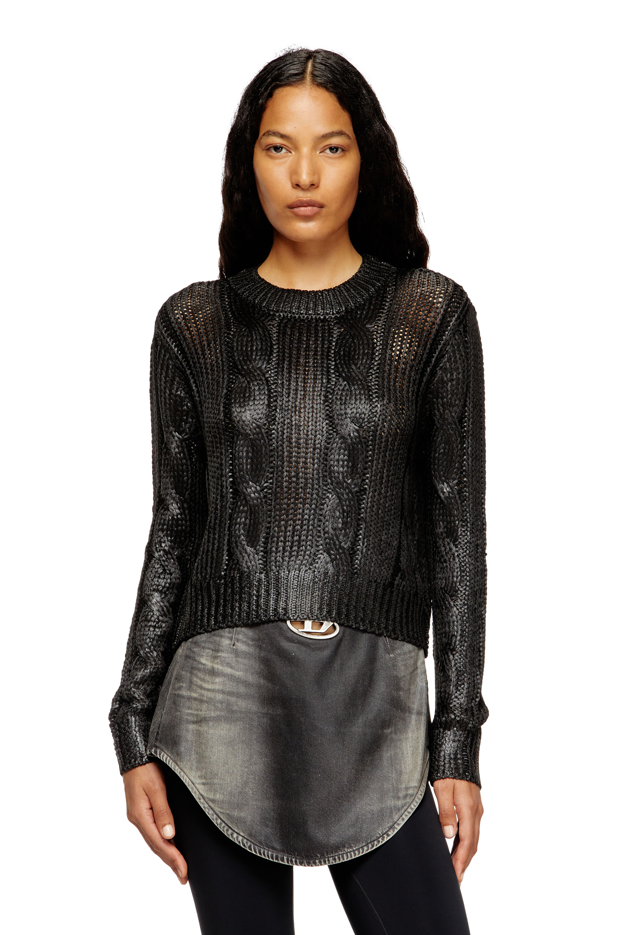 Diesel - M-MICCHA, Damen Pullover mit Zopf-Muster und Glanzeffekt in Schwarz - 1