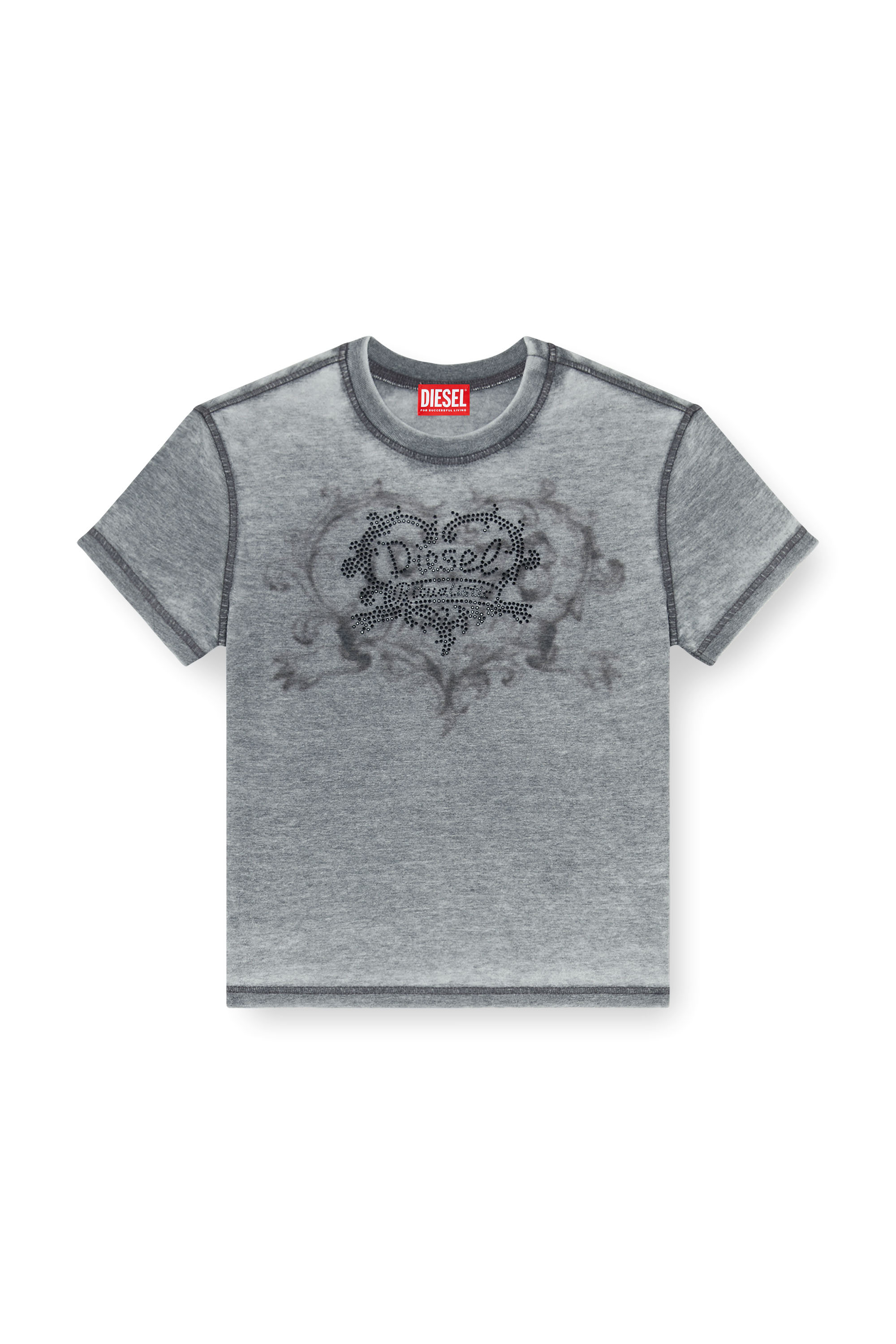Diesel - T-ILA-AA1, Damen Jersey-T-Shirt mit Strasssteinen und burnout effect in Grau - 3