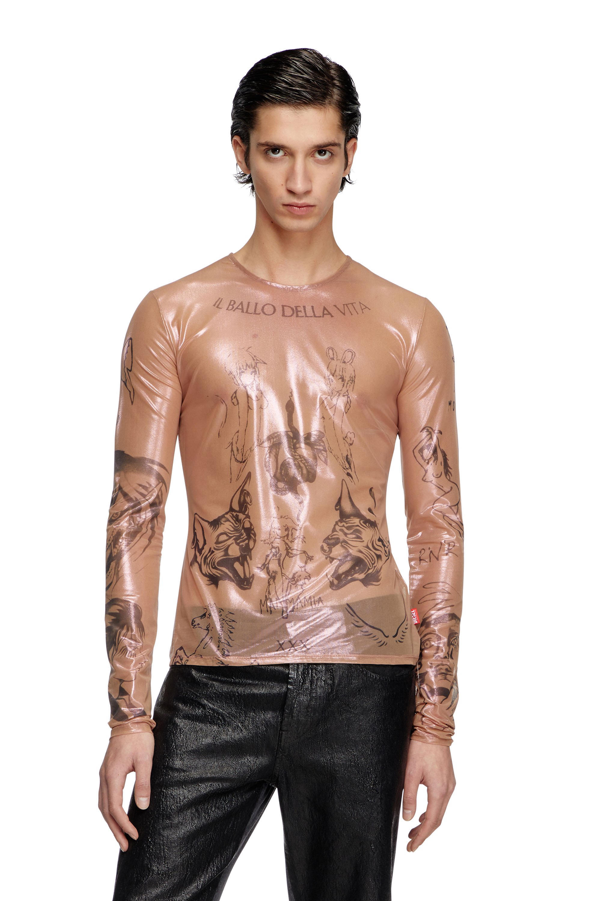 Diesel - T-CLAUDE-DD, Unisex Tattoo-Top aus beschichtetem Stretch-Tüll in Rosa - 2