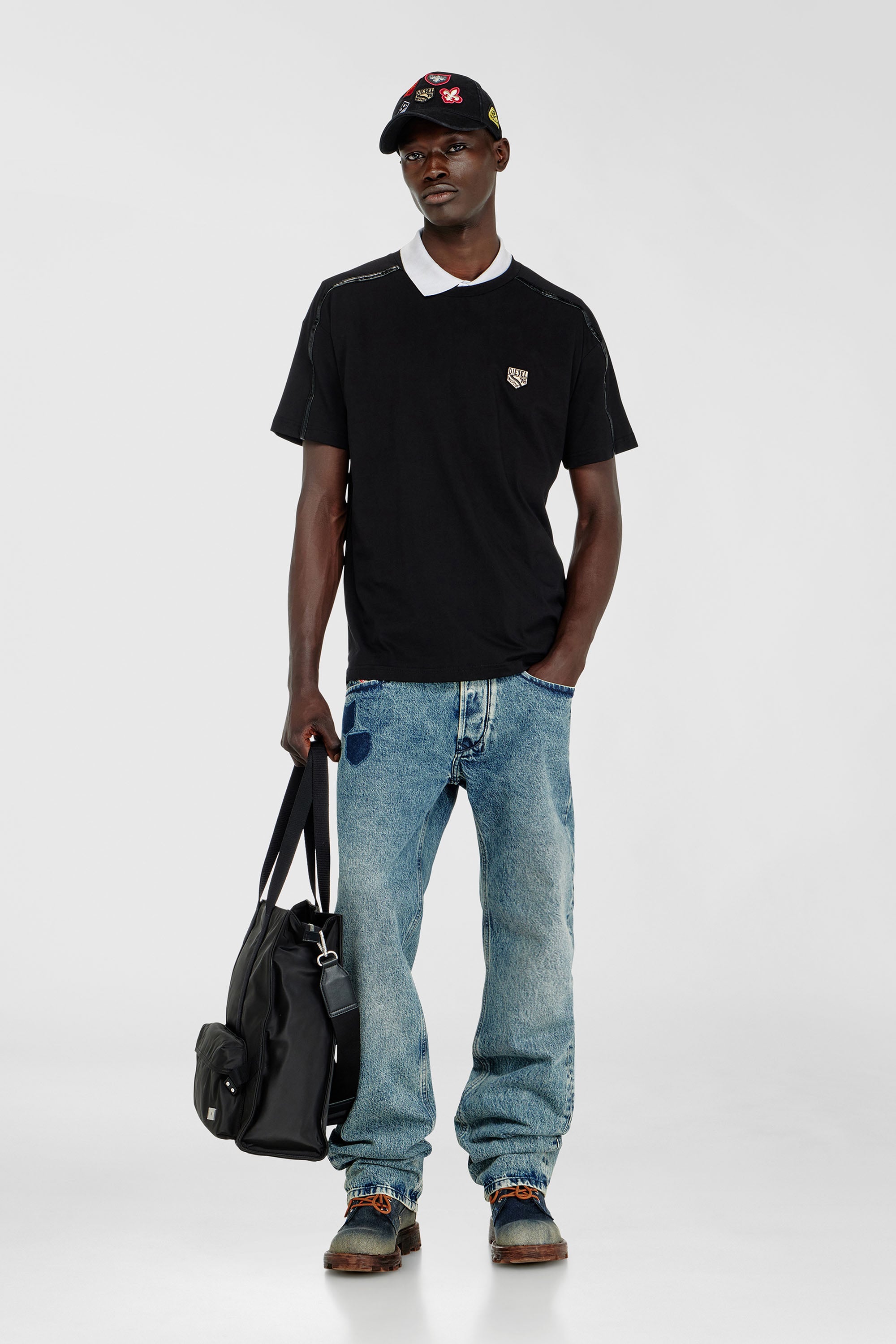 Diesel - T-NORM-FL, Herren T-shirt mit Kontrastabschl&uuml;ssen und Logo patch in Schwarz - 2