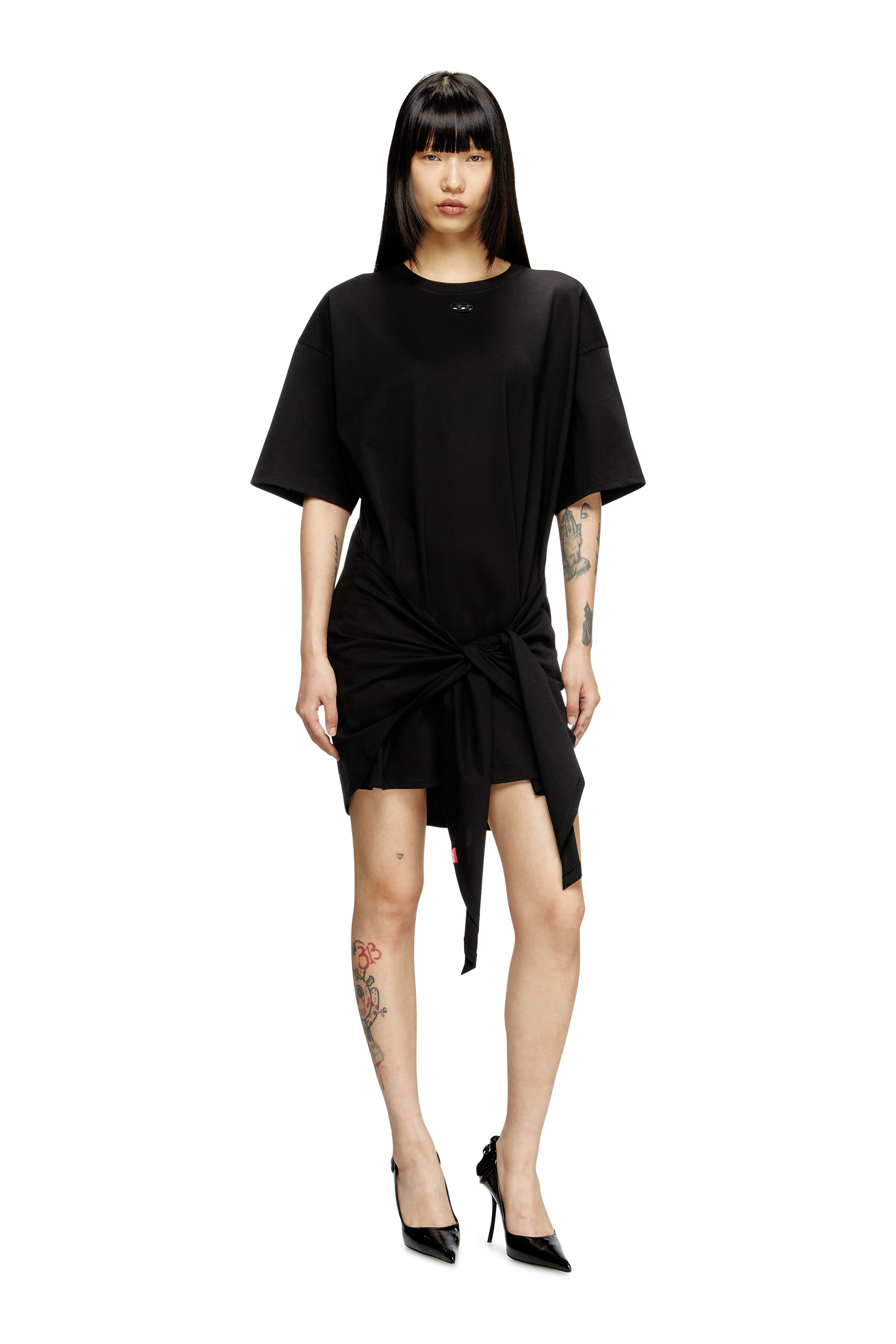 Diesel - D-EIVOR, Damen T-Shirt-Kleid mit Bindeband auf der Vorderseite in Schwarz - 2
