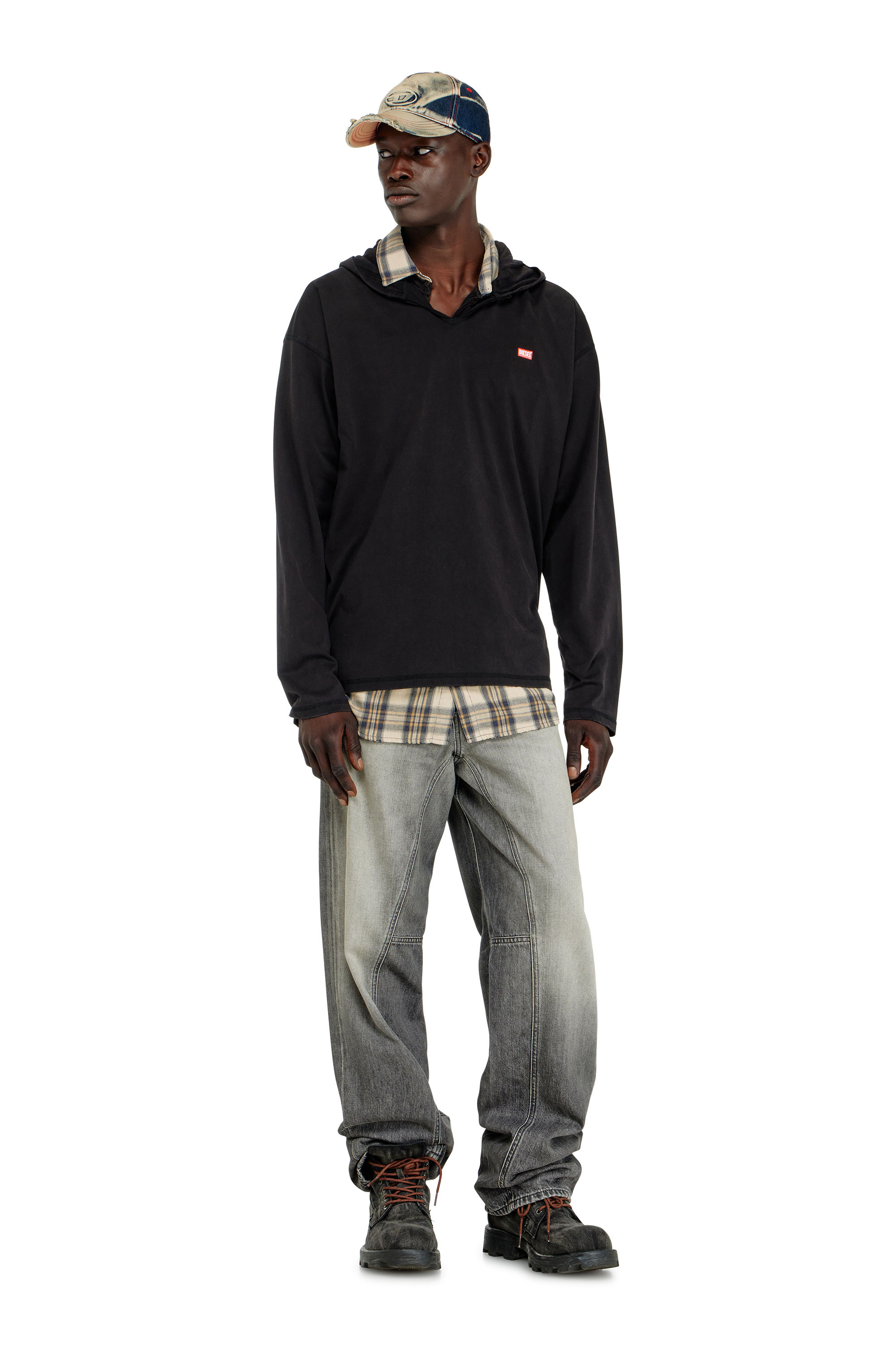 Diesel - T-BOXT-LS-HOOD-CHECK, Herren Langarm-T-Shirt mit Flanell-Kapuze in Schwarz - 2