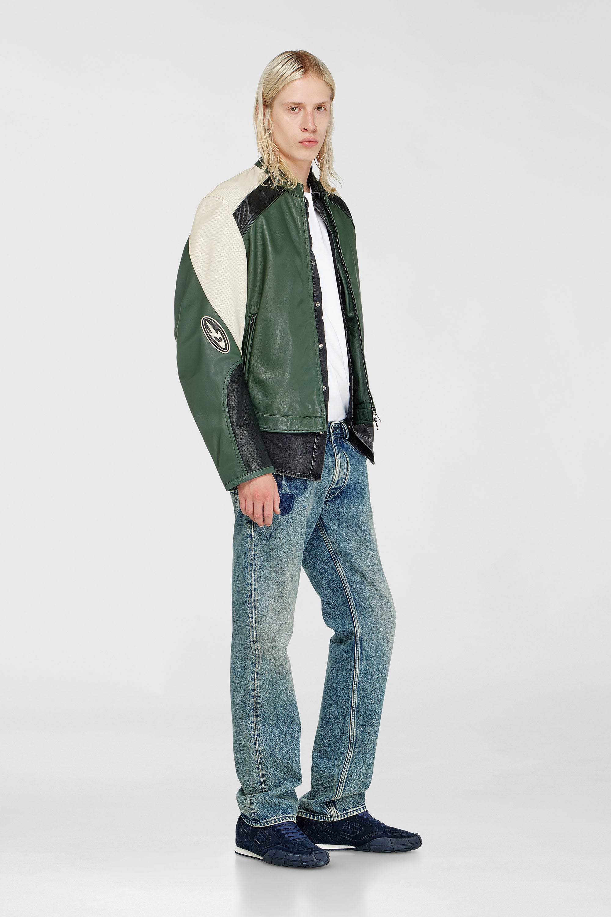 Diesel - L-AHTI, Herren Bikerjacke aus perforiertem Colour-Block-Leder in Beige/Schwarz - 1